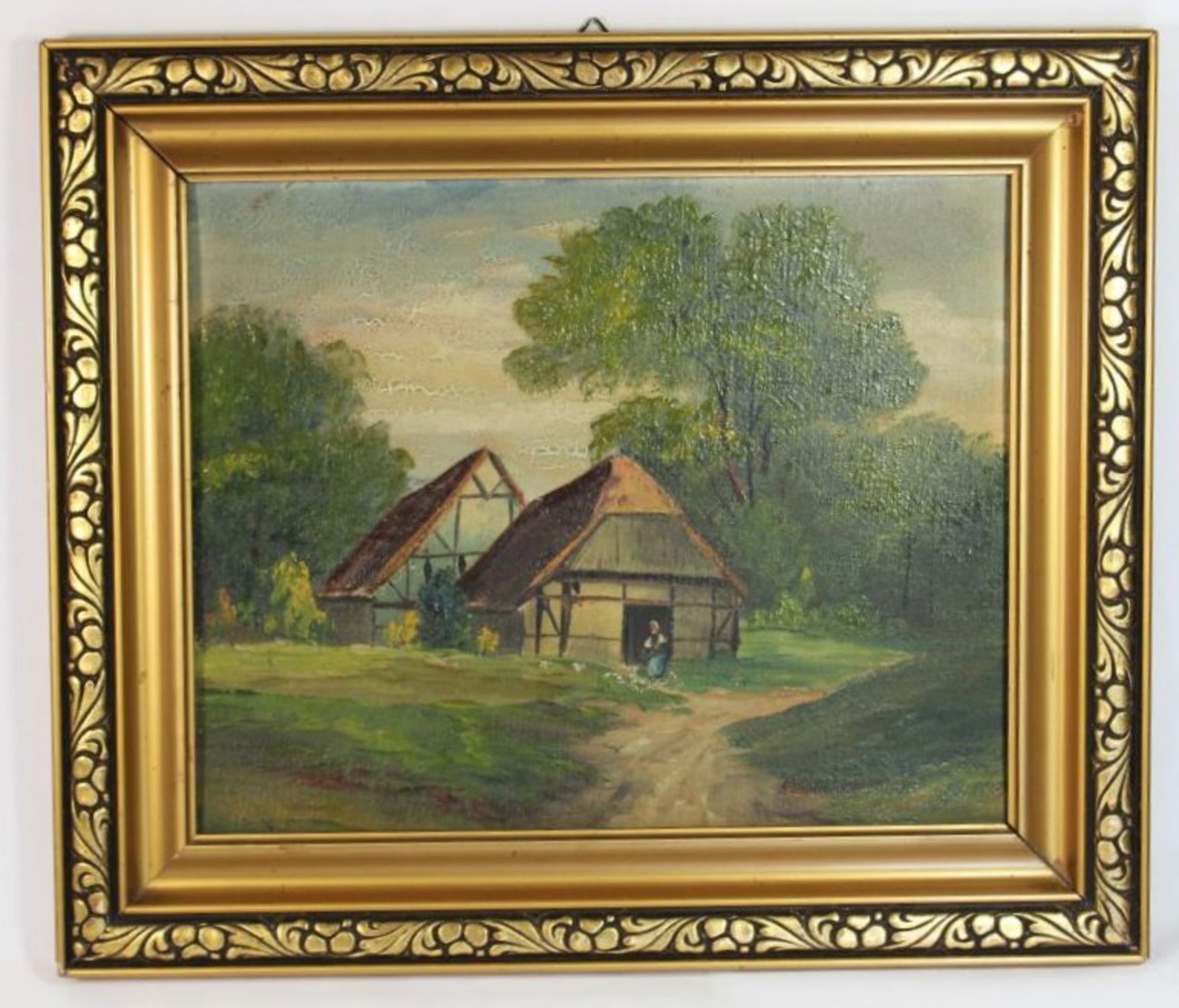 unsigniertes Gemälde, Bauernkate, Öl/Hartfaser, gerahmt, RG 32 x 38cm - Bild 2 aus 2
