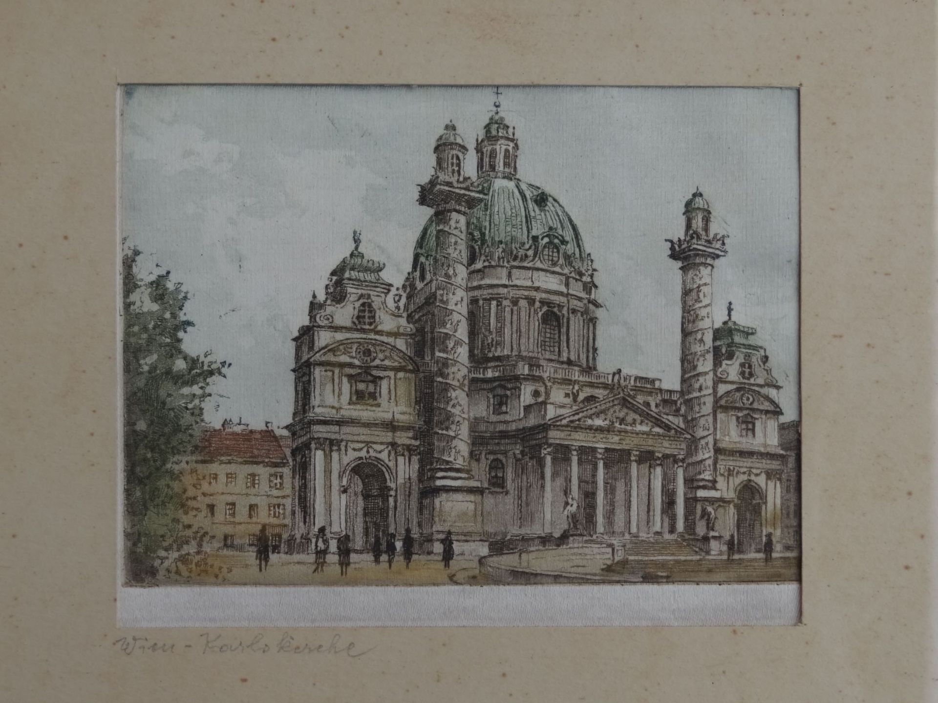 Farbradierung auf Seide "Karlskirche in Wien" 1938, ger/Glas, RG 23x17 cm