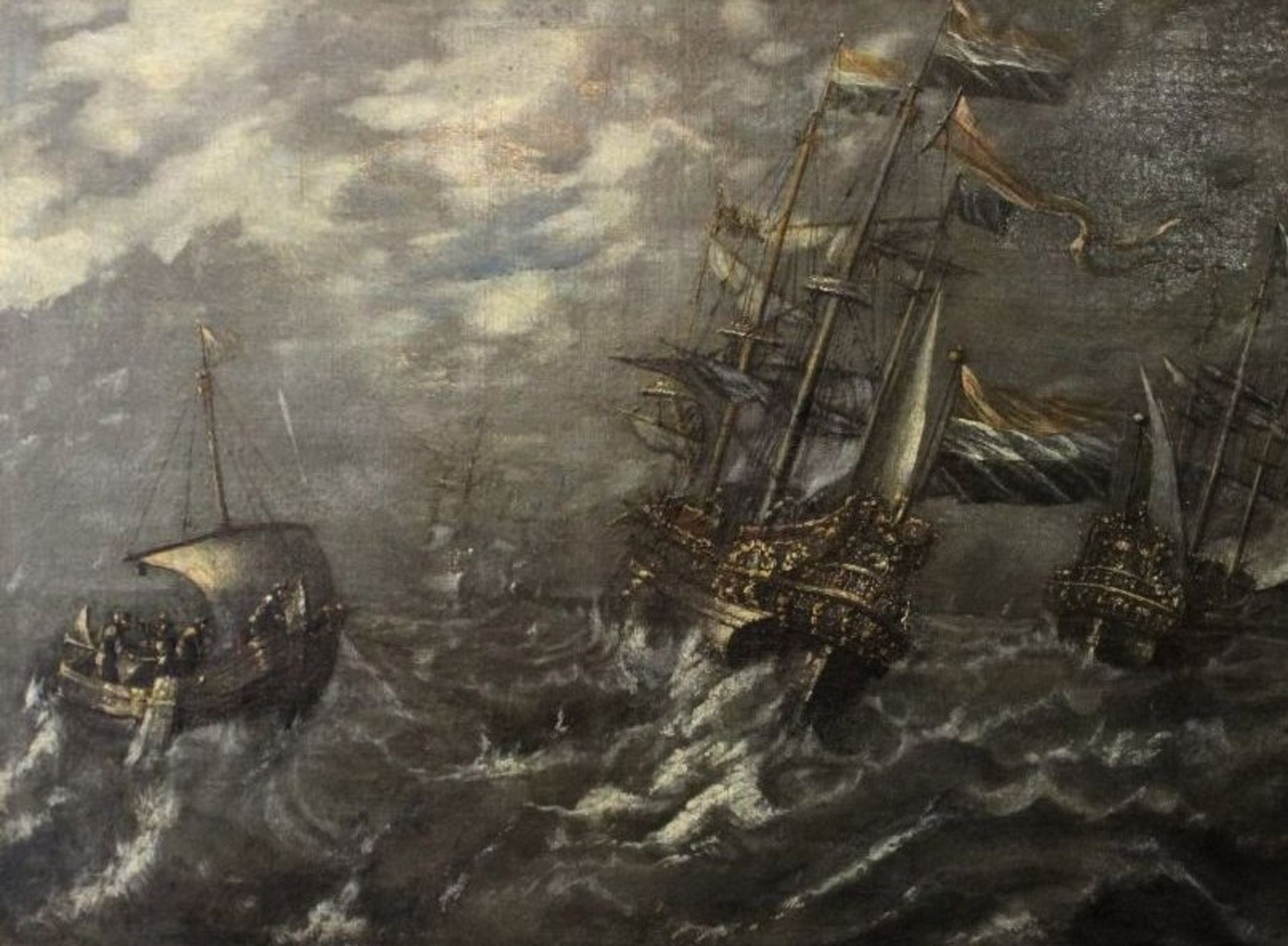 niederländischer Marinemaler des 18. Jhd., Schiffe in schwerer See, Öl/Leinwand, verso Zettel "