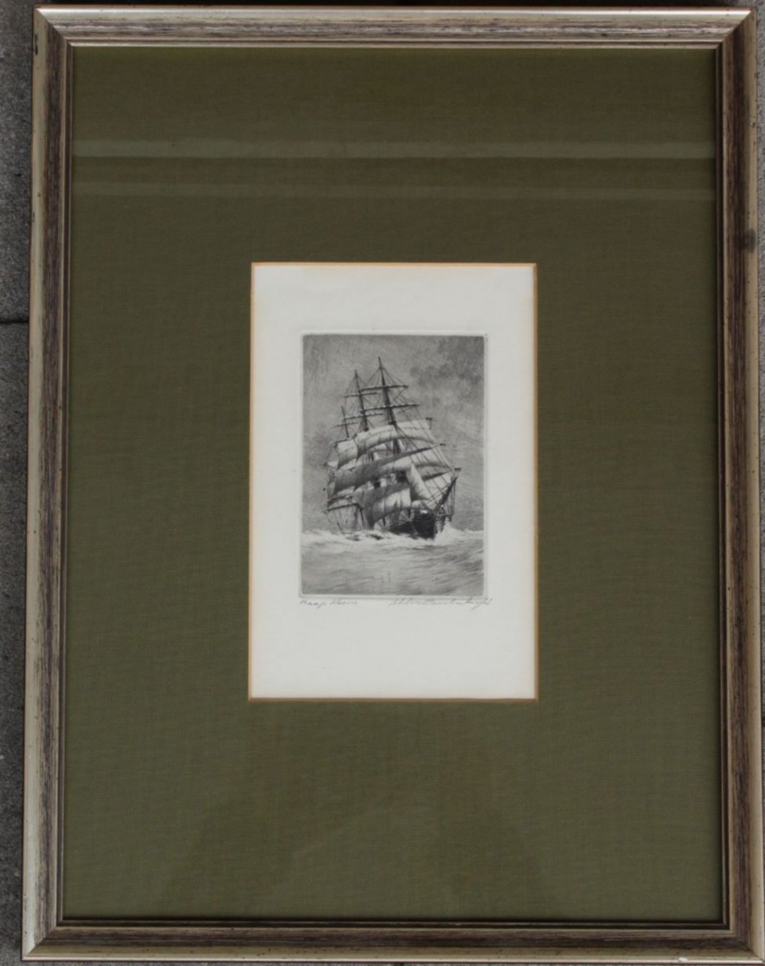 Maarten LANGBROEK (1918-1985) "Segelschiff bei Kap Hoorn" Radierung, ger/Glas, RG 41x31 cm - Bild 2 aus 5