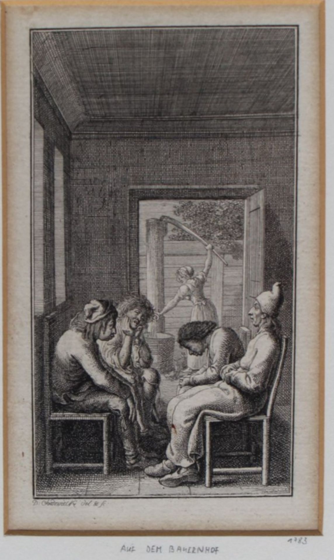 DANIEL NIKOLAUS CHODOWIECKI, 1783 (1726-1801), KUPFERSTICH "Auf dem Bauernhof", 12x7,5 cm, ger/Glas,