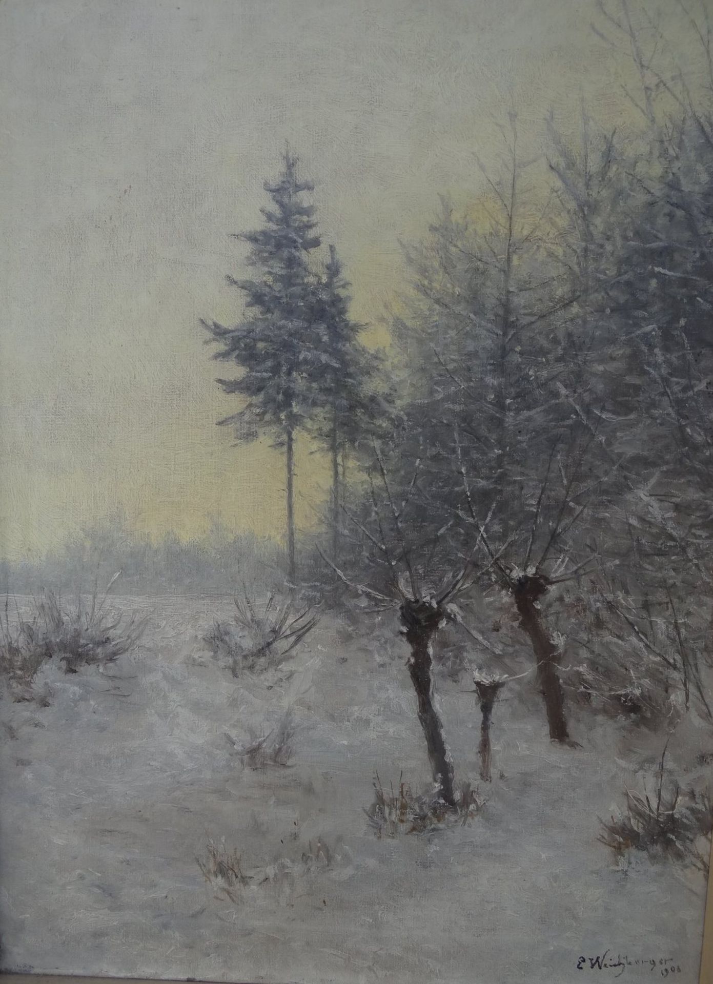 *Eduard WEICHBERGER (1843-1913), 1908 "Wintertag" betitelt, verso Ausstellungsetikett, Öl/Leinen,