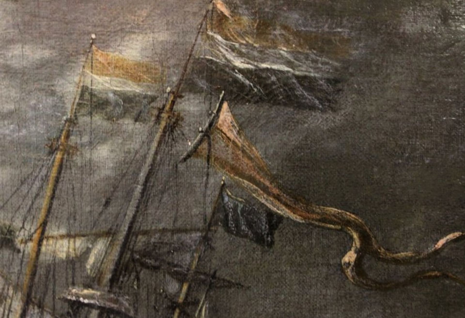 niederländischer Marinemaler des 18. Jhd., Schiffe in schwerer See, Öl/Leinwand, verso Zettel " - Bild 4 aus 7