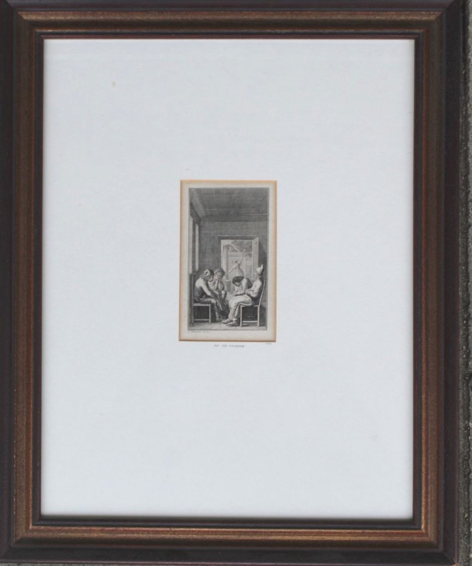 DANIEL NIKOLAUS CHODOWIECKI, 1783 (1726-1801), KUPFERSTICH "Auf dem Bauernhof", 12x7,5 cm, ger/Glas, - Bild 2 aus 3