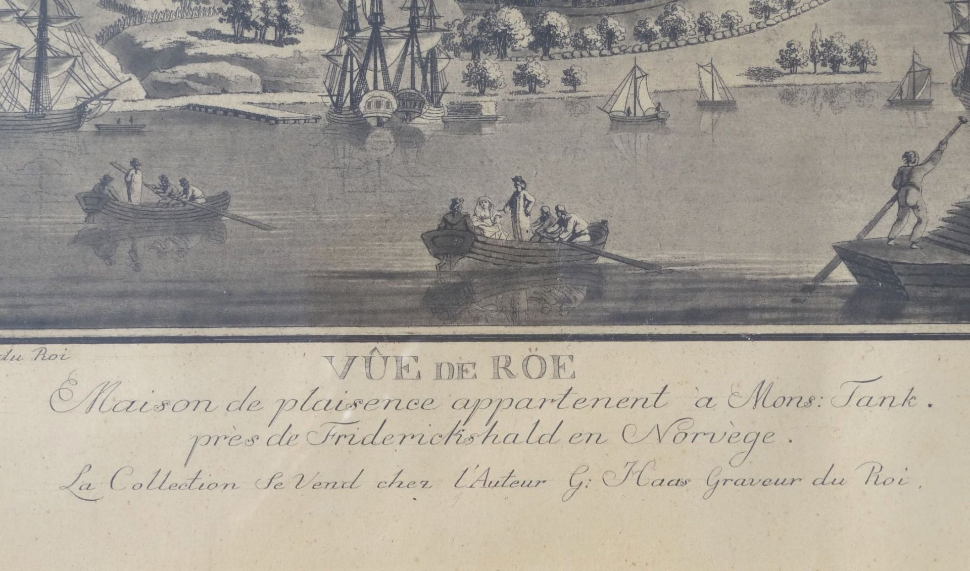 Ansichtenstich um 1750 "Vue de Röe" bei Friderickshalden (heute Halden in Norwegen), alt ger/Glas, - Bild 4 aus 6