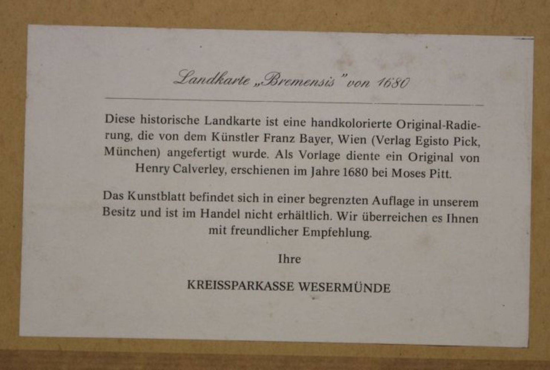 hancolorierte Kartenradierung, Bremen, nach einem Stich von 1680, gerahmt/Glas, RG 50 x 59cm. - Bild 4 aus 4