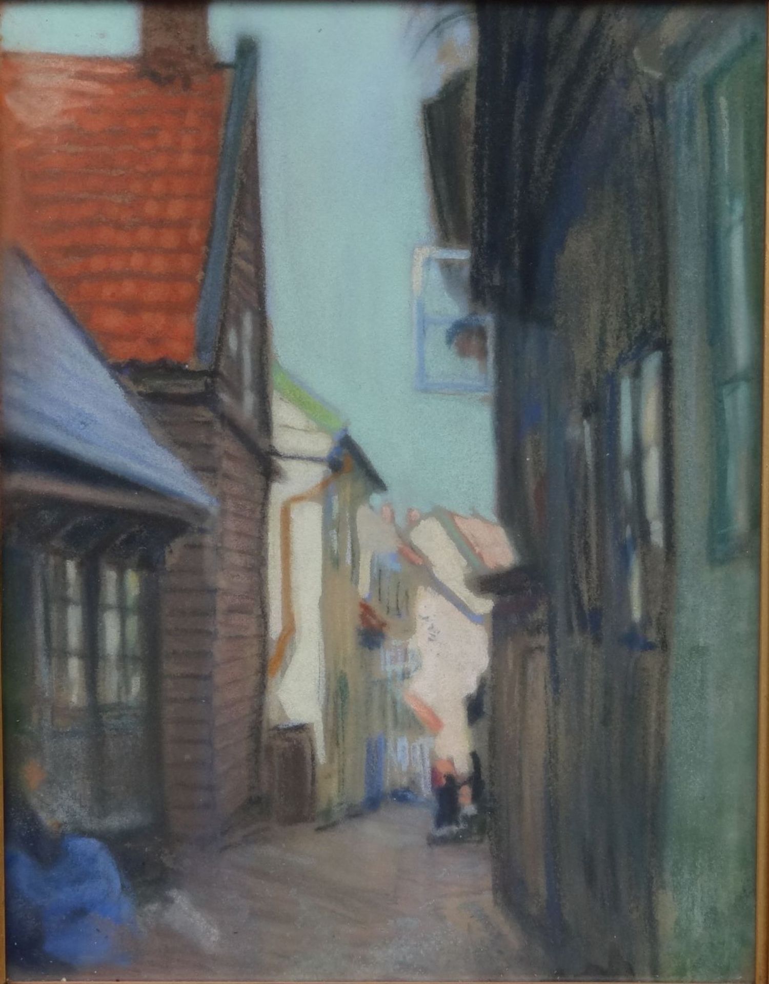 Hanns HERZING (1890-1971) , 1921 "Hummer-Fischergasse in Helgoland", orig. Pastell, ger/Glas, RG