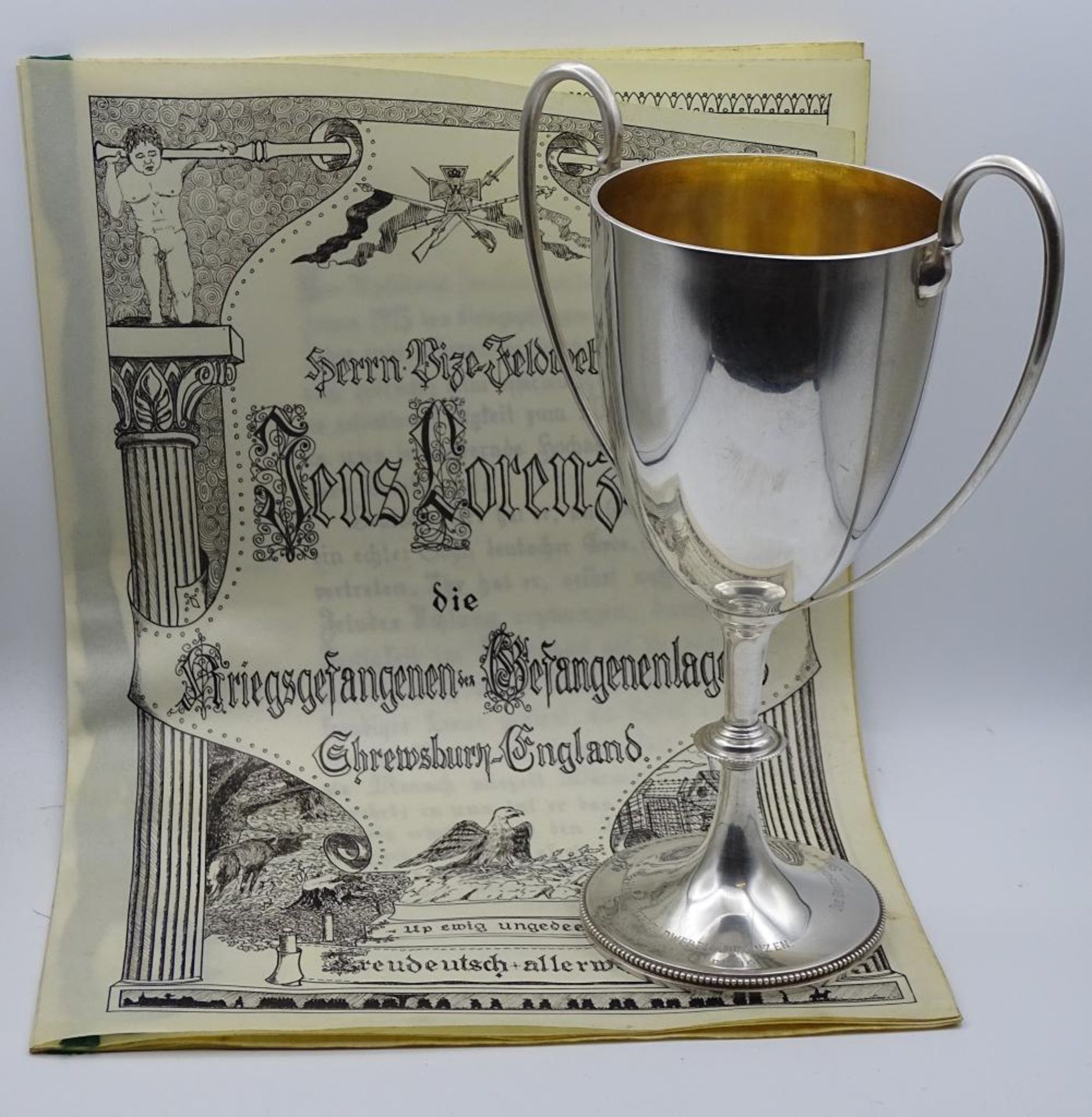 Silberpokal mit Widmung "Die Deutschen Kriegsgefangenen Shrewsbury (England)-Herrn Vizefeldwebel