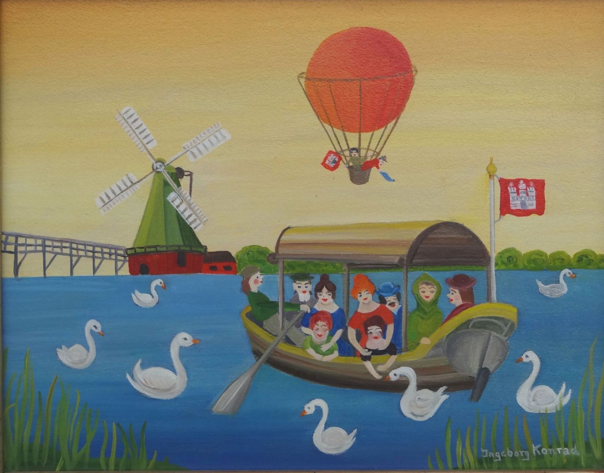 Ingeborg Konrad "Hamburger Ausflugsboot" naive Malerei, Öl/Platte, gerahmt 29x36 c