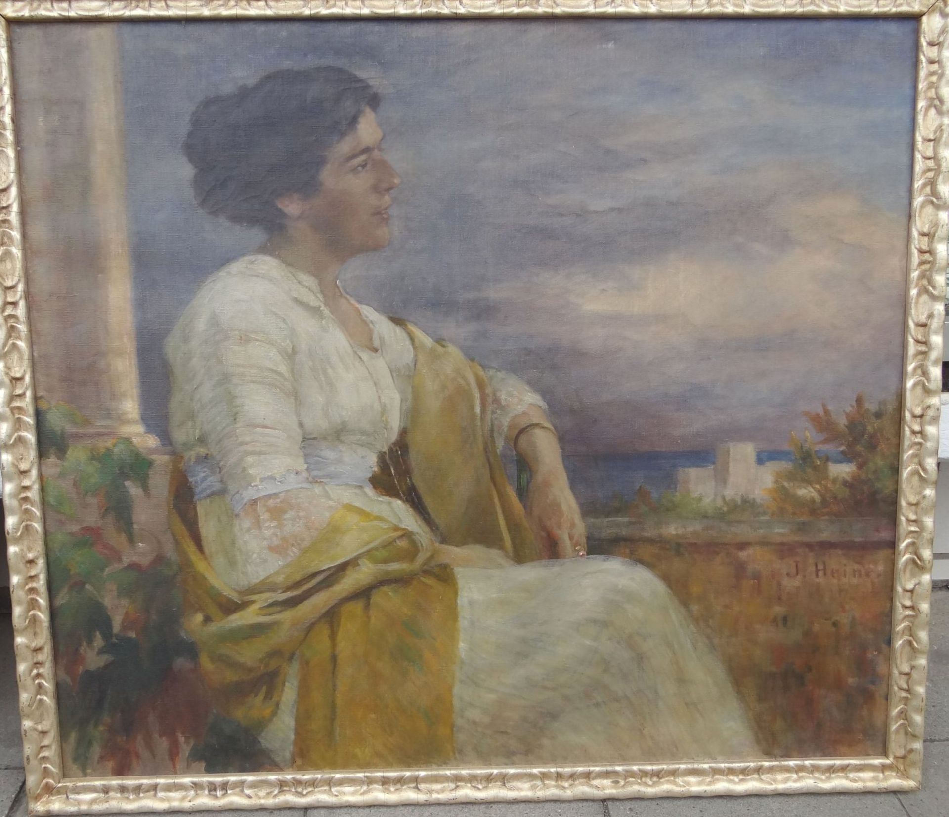 J. Heine, 1917 "Portrait einer jungen Frau vor Ideallandschaft" Öl/Leinen, gerahmt, RG 95x105 cm, - Bild 2 aus 4