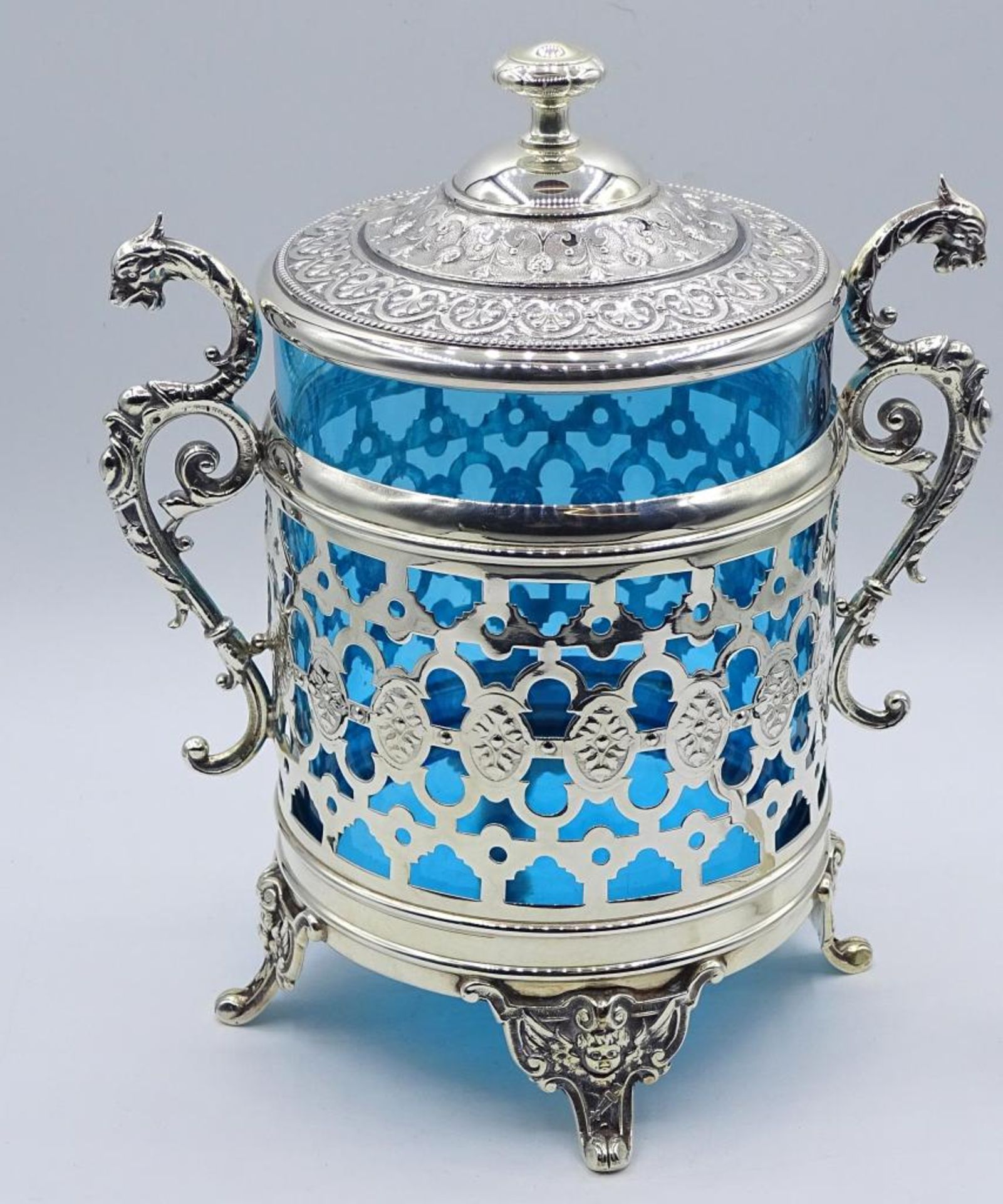 Eisbehälter "WMFM",blauer Glas Einsatz,+Zuckerzange Silber 800/000,H-21,0cm, Glasrand beschädig - Bild 7 aus 9