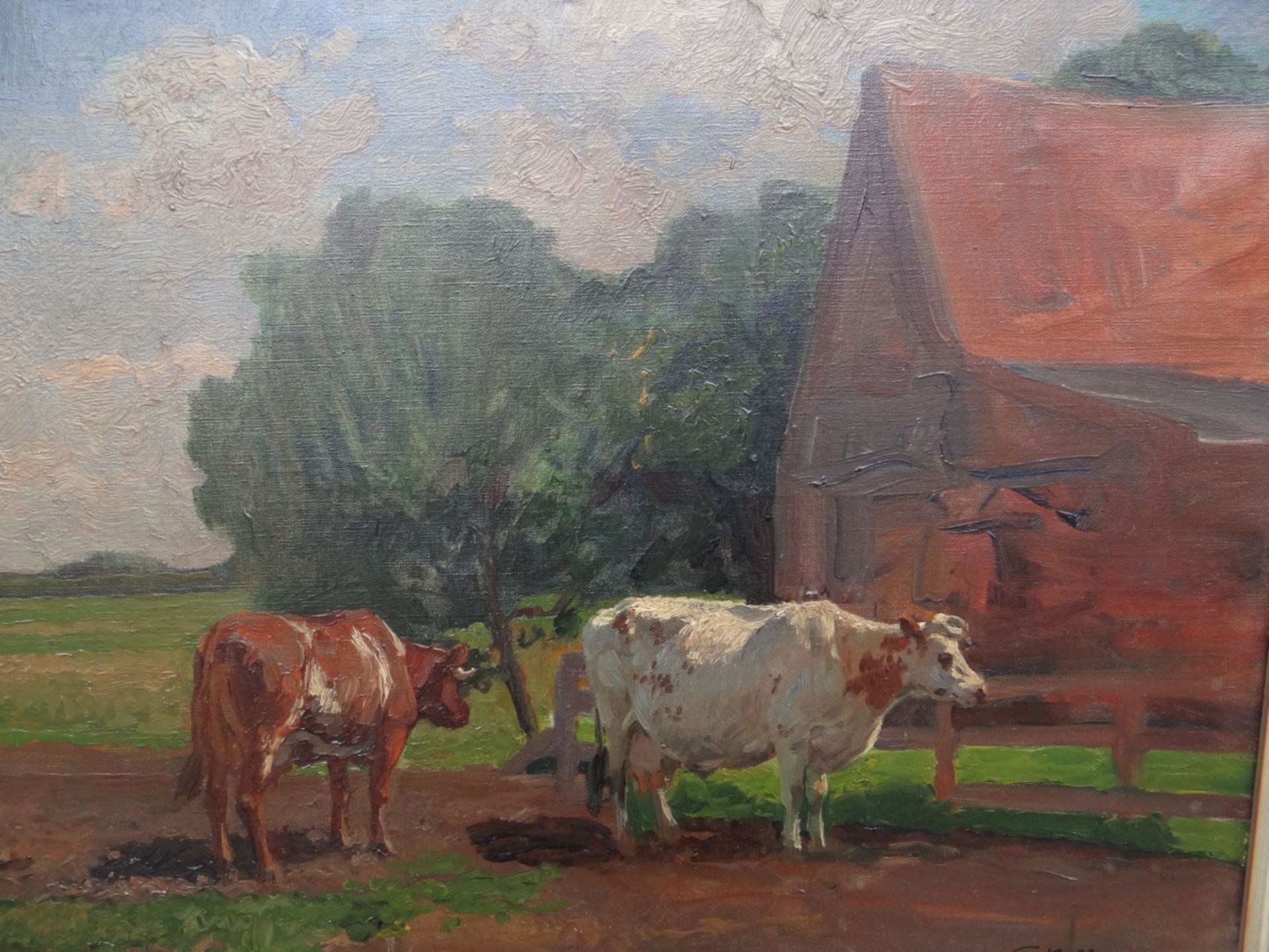 Friedrich KALLMORGEN (1856-1924) "norddt. Bauernhof mit Kühen", Öl/Leinen, 40x50 cm, gerahmt, RG