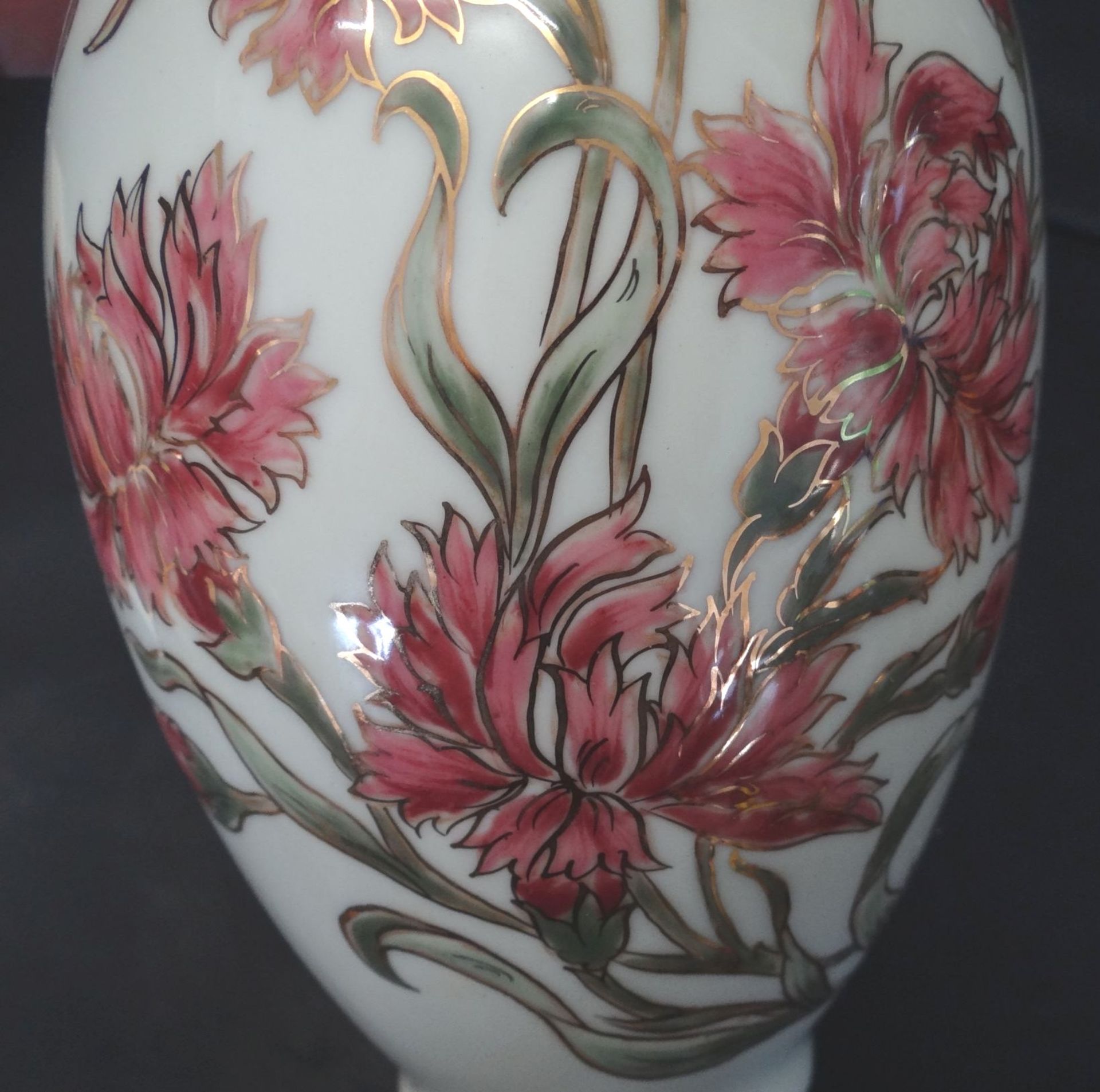 Vase "Zsolnay" Pecs (Fünfkirchen), Blumenmalerei, signiert, H-26 c - Bild 4 aus 5