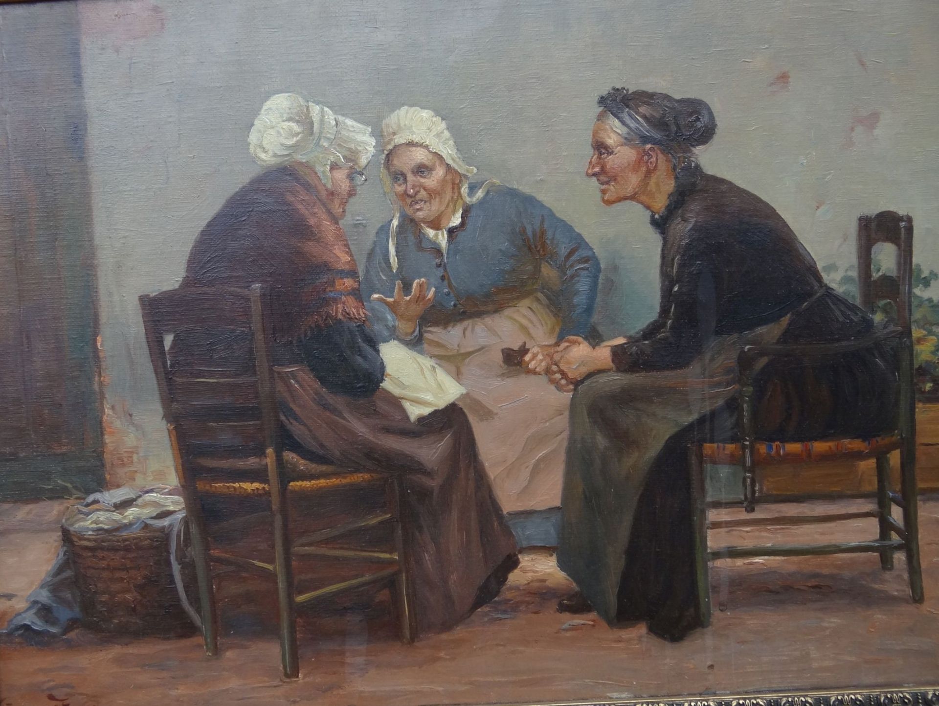 unleserl. signiert "Drei alte Frauen", Öl/Leinen, gerahmt, RG 58x72 c
