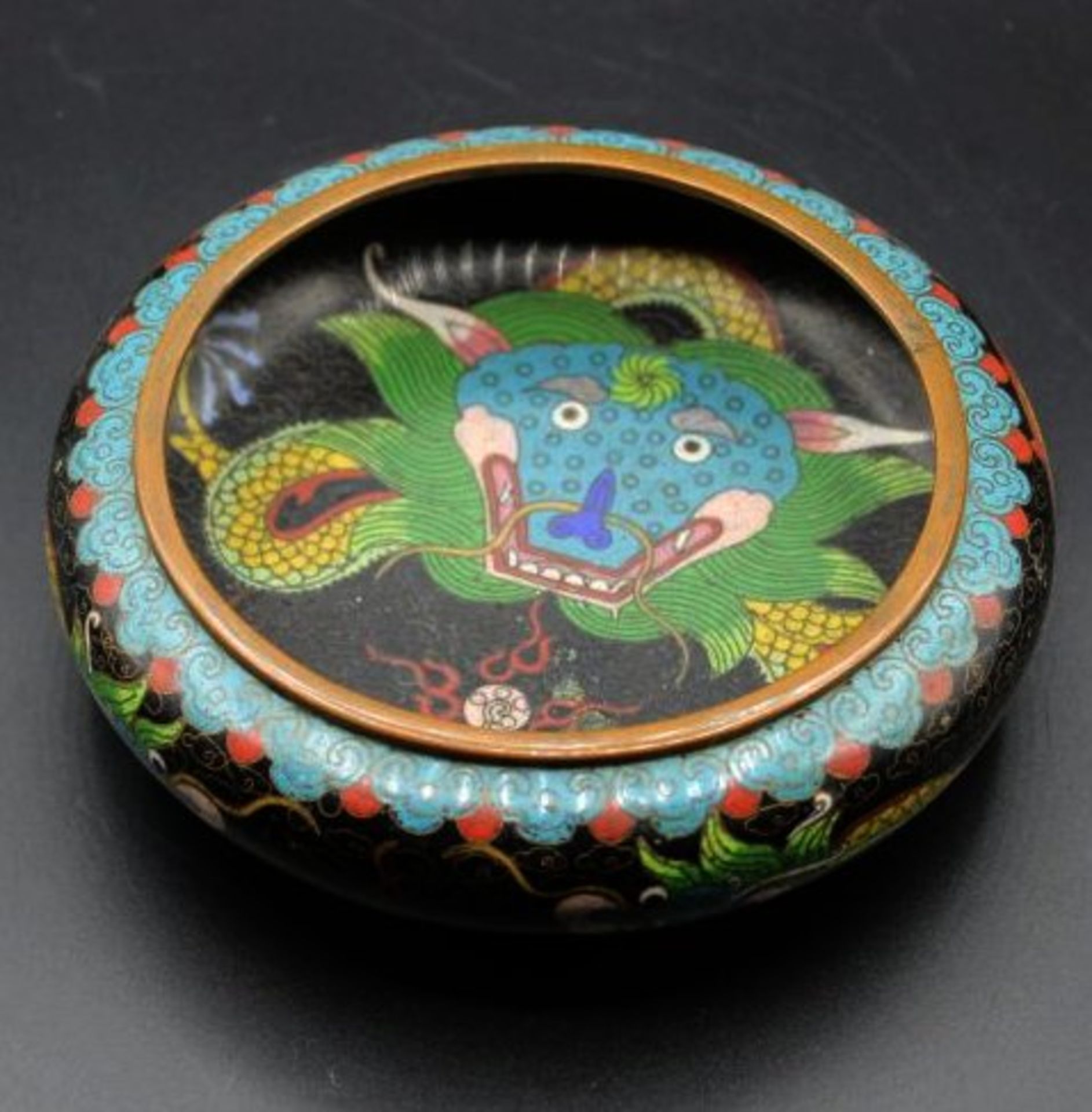 Schale, Cloisonné, China, Drachendekor, H-4,5cm D-14,5cm.