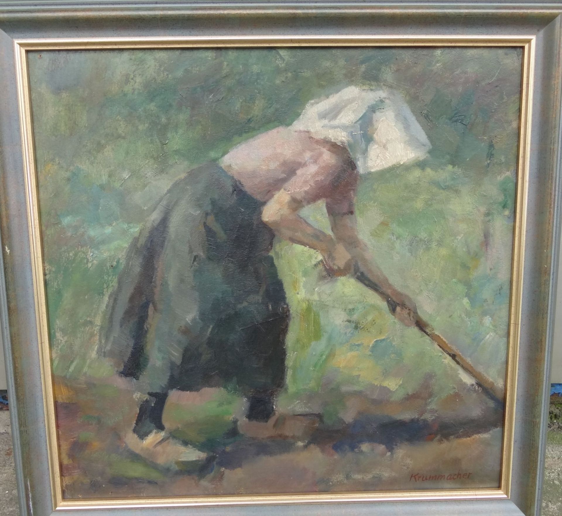 Karl KRUMMACHER (1867-1955) "Bäuerin bei der Feldarbeit", Öl/Pappe,45x45 cm, gerahmt, signiert, RG - Bild 2 aus 3