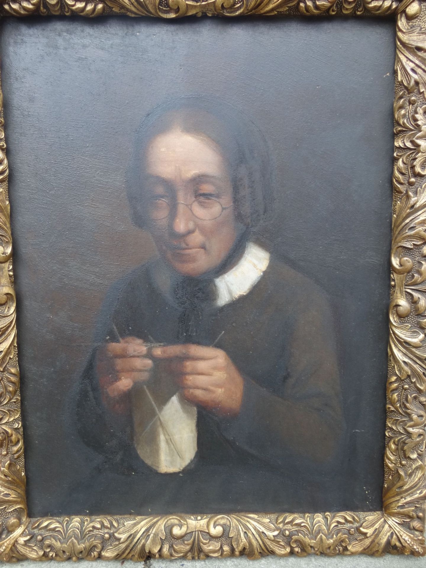 unleserl. signiert?, strickende alte Dame, Öl/Leinen, 19.Jh.,gerahmt, RG 49x38 c - Bild 2 aus 5