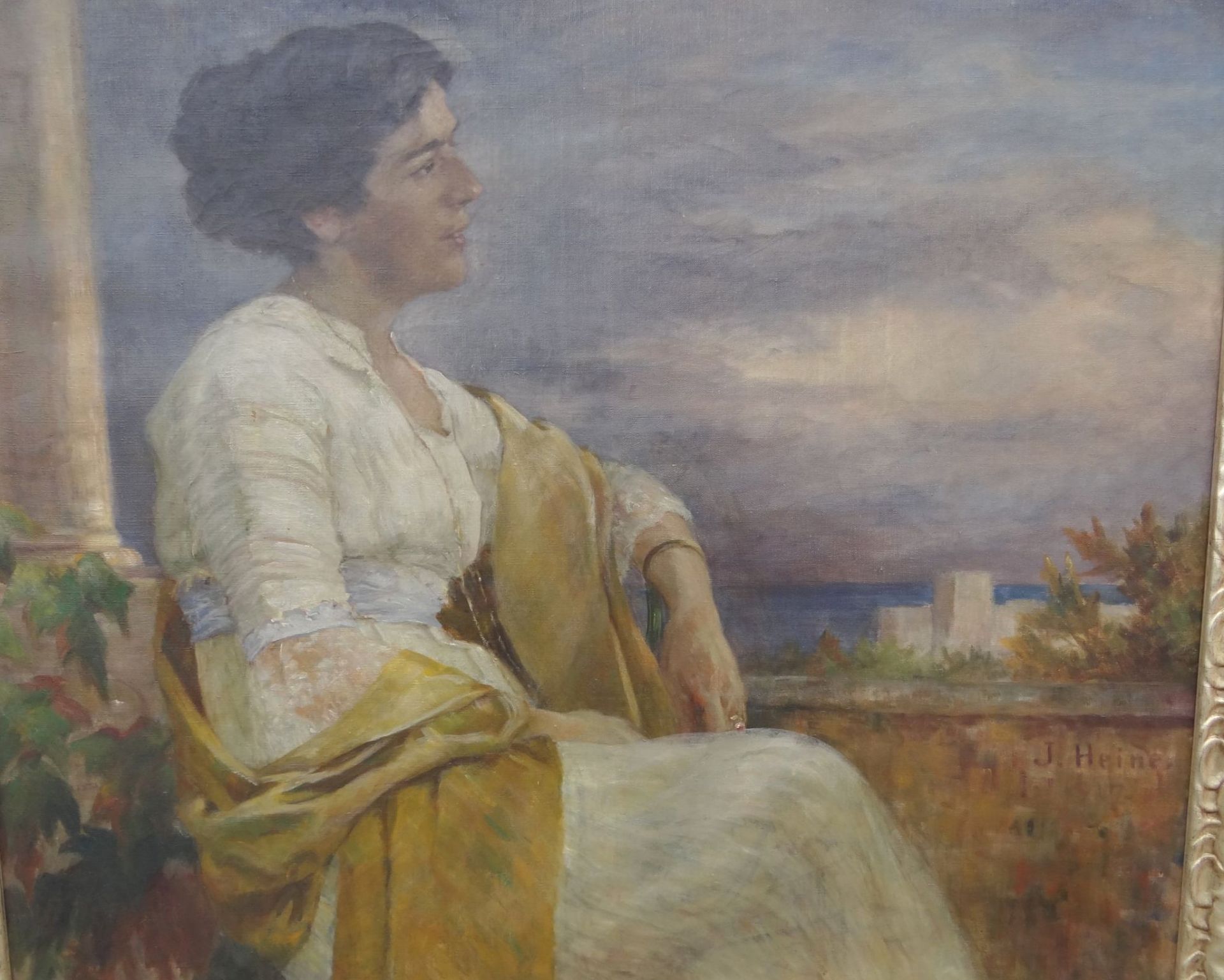 J. Heine, 1917 "Portrait einer jungen Frau vor Ideallandschaft" Öl/Leinen, gerahmt, RG 95x105 cm,