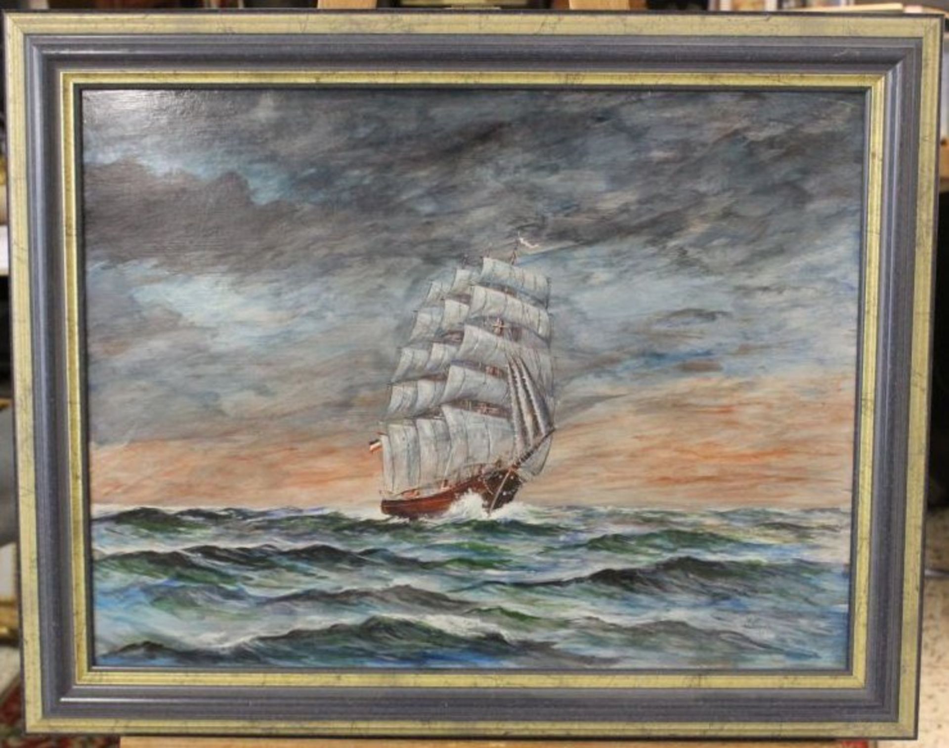 Max Buchholz 1991, 3master auf See, Öl/Hartfaser, gerahmt, RG 55 x 70cm. - Bild 3 aus 3