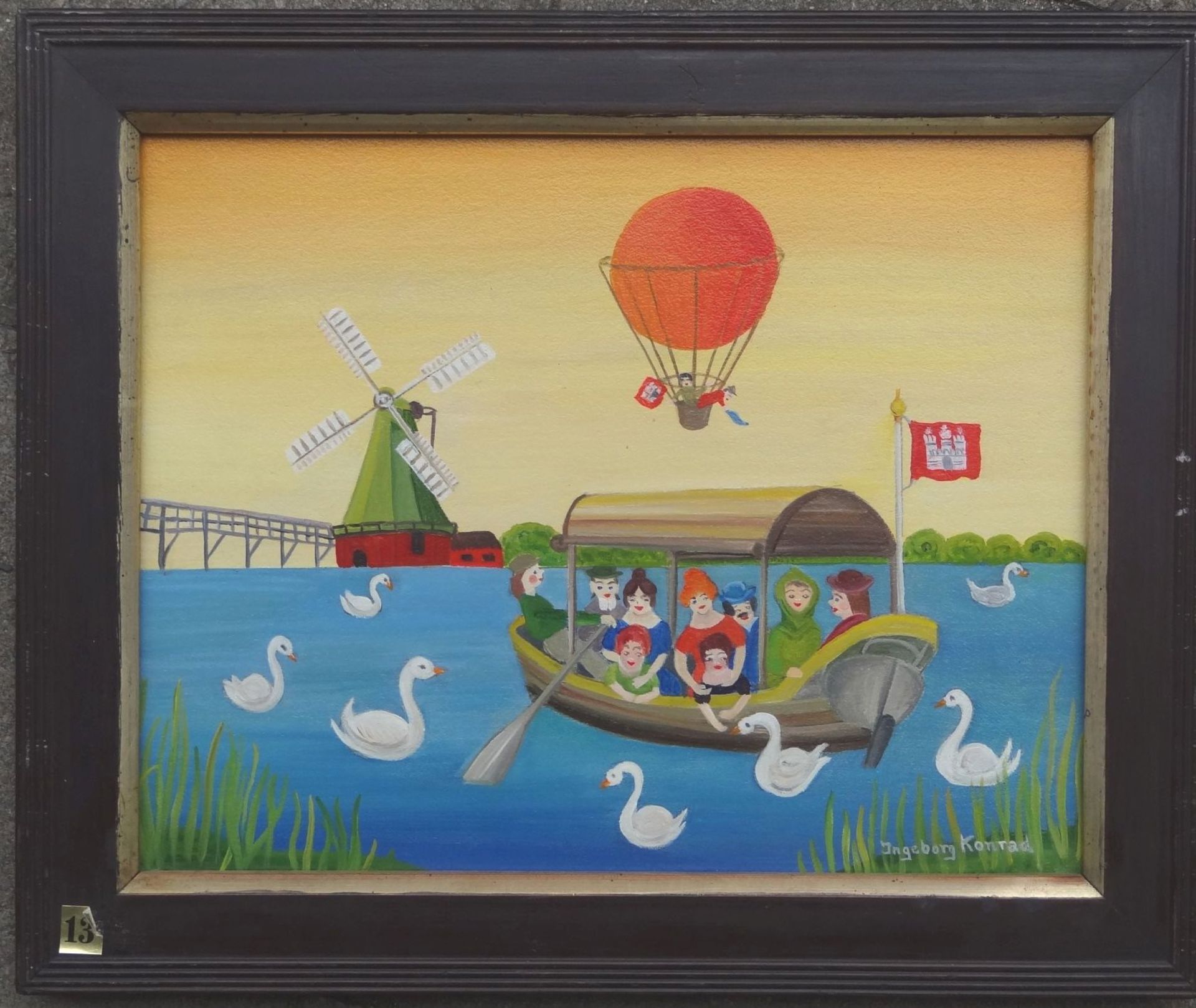 Ingeborg Konrad "Hamburger Ausflugsboot" naive Malerei, Öl/Platte, gerahmt 29x36 c - Bild 2 aus 4