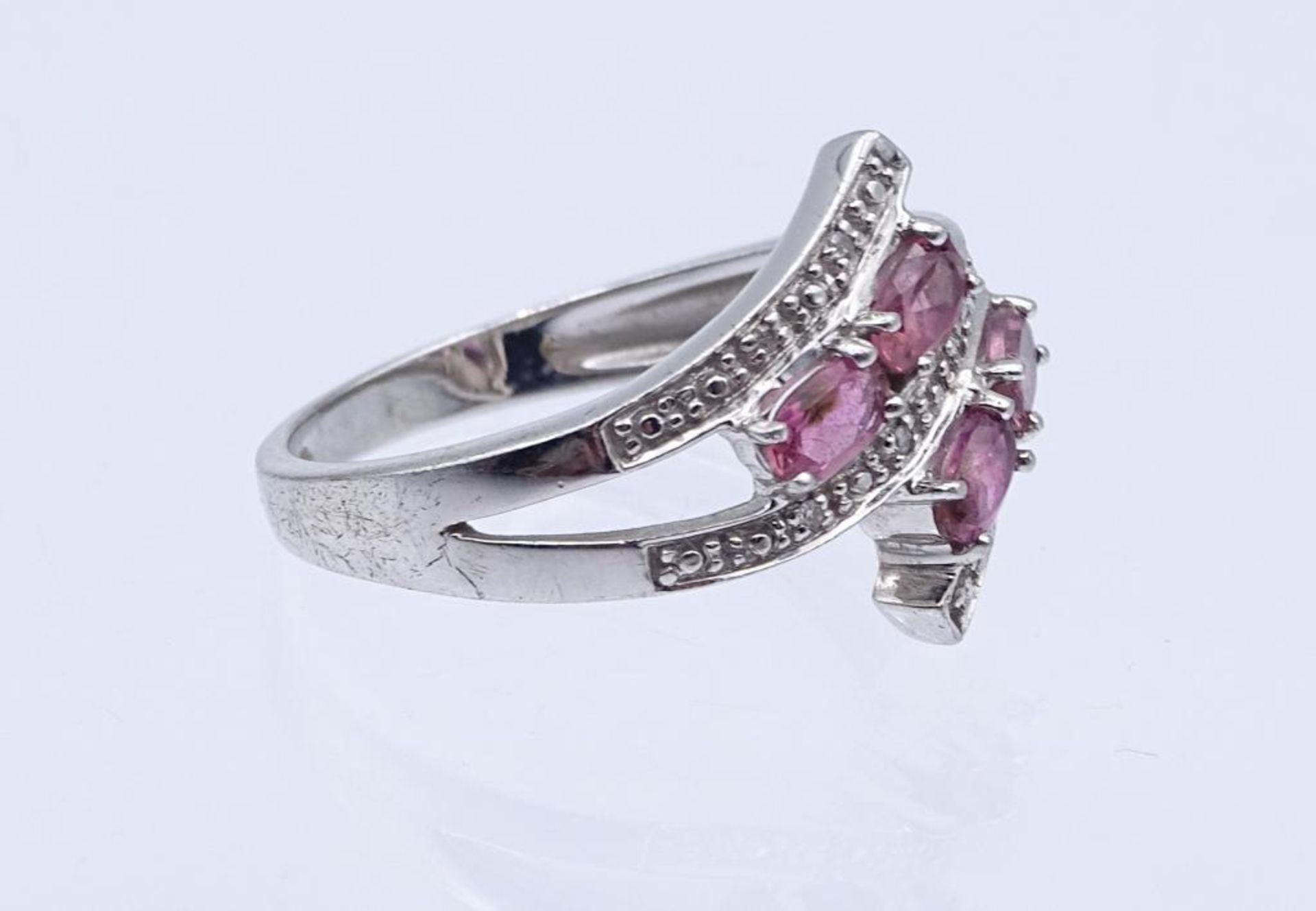 Sterling Silber Ring 925/000 mit pinken Turmalinen und Diamanten, 5,20gr., RG 63 - Bild 2 aus 3