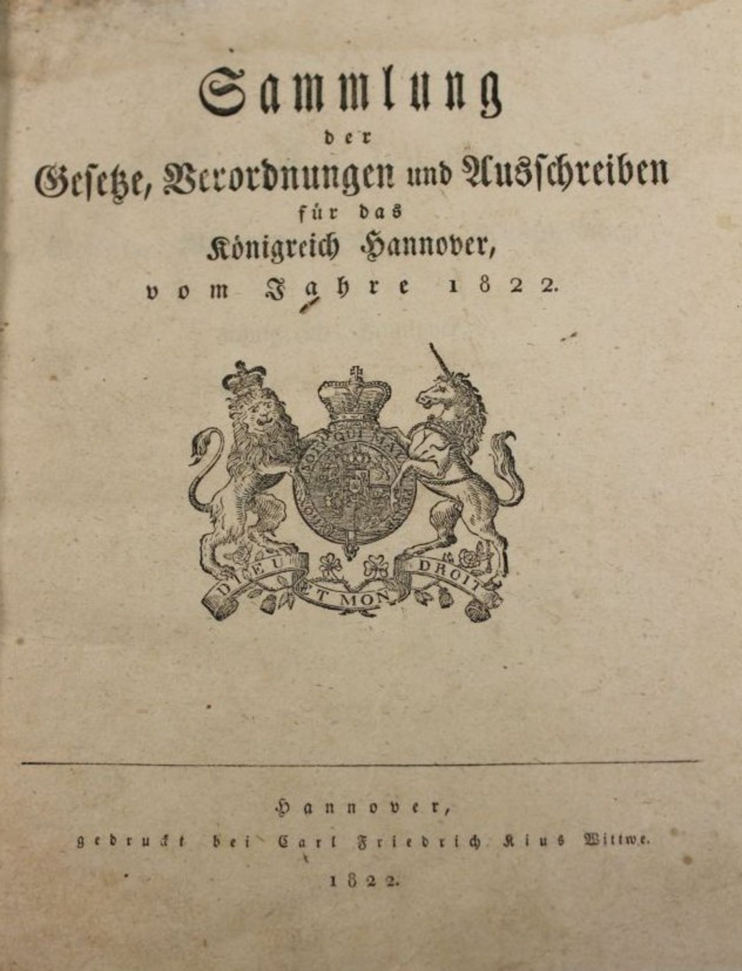 Sammlung der Gesetze, Verordnungen und Auschreiben für das Königreich Hannover vom Jahre 1822, - Bild 2 aus 2