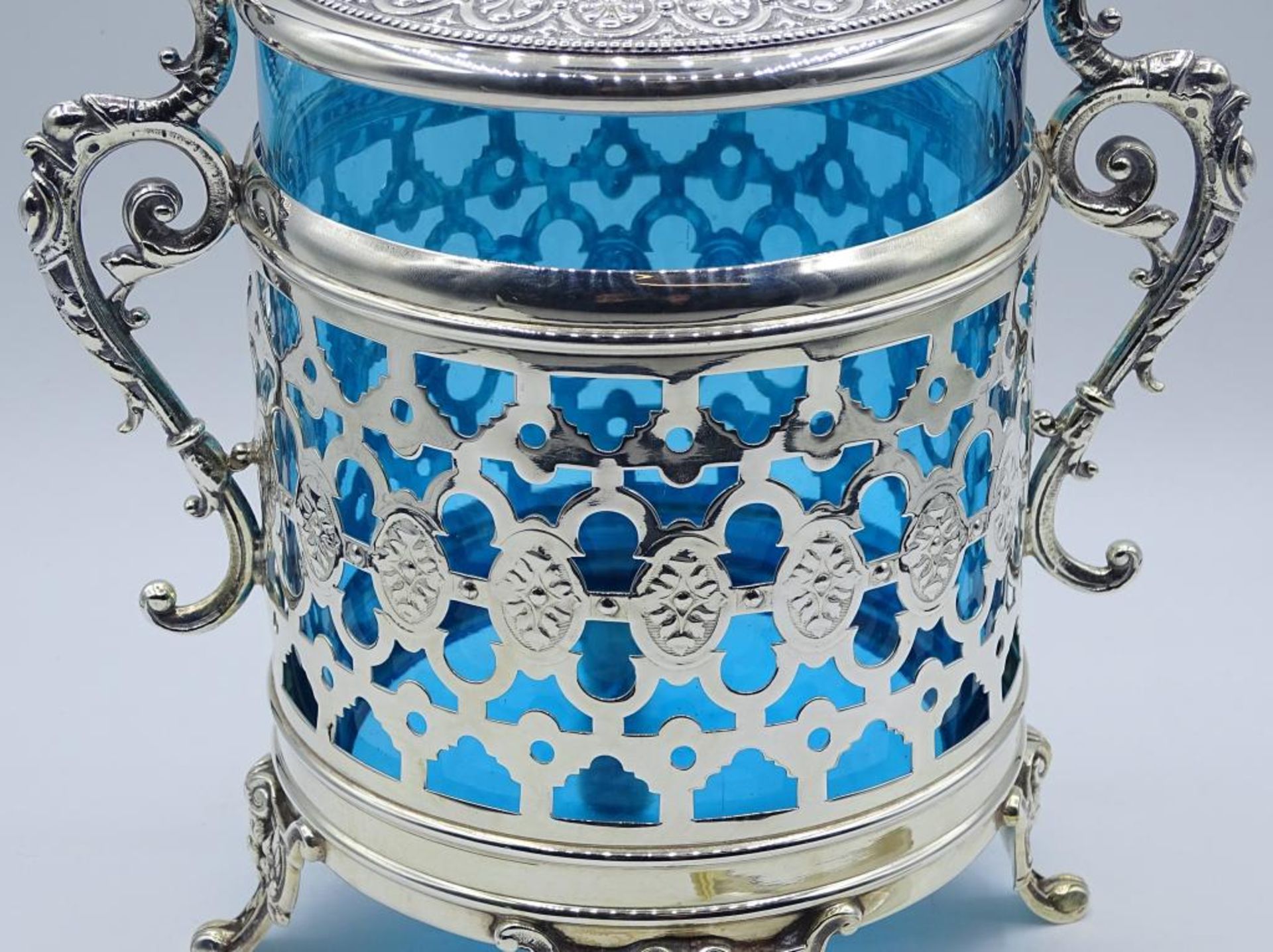 Eisbehälter "WMFM",blauer Glas Einsatz,+Zuckerzange Silber 800/000,H-21,0cm, Glasrand beschädig - Bild 5 aus 9