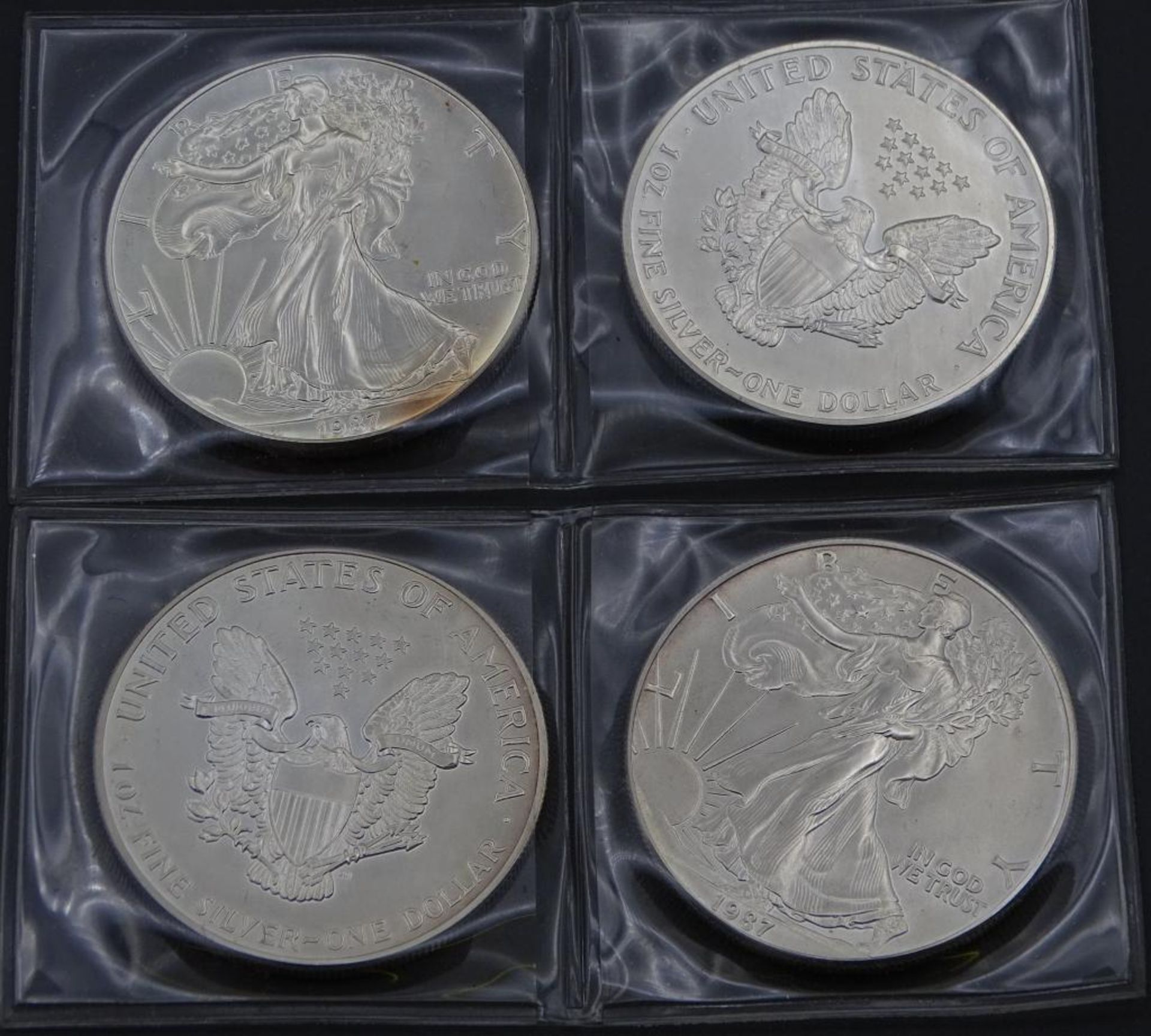 4x One Dollar USA,1987, je 1 Oz Fein-Silber ,ges.ca.125gr.