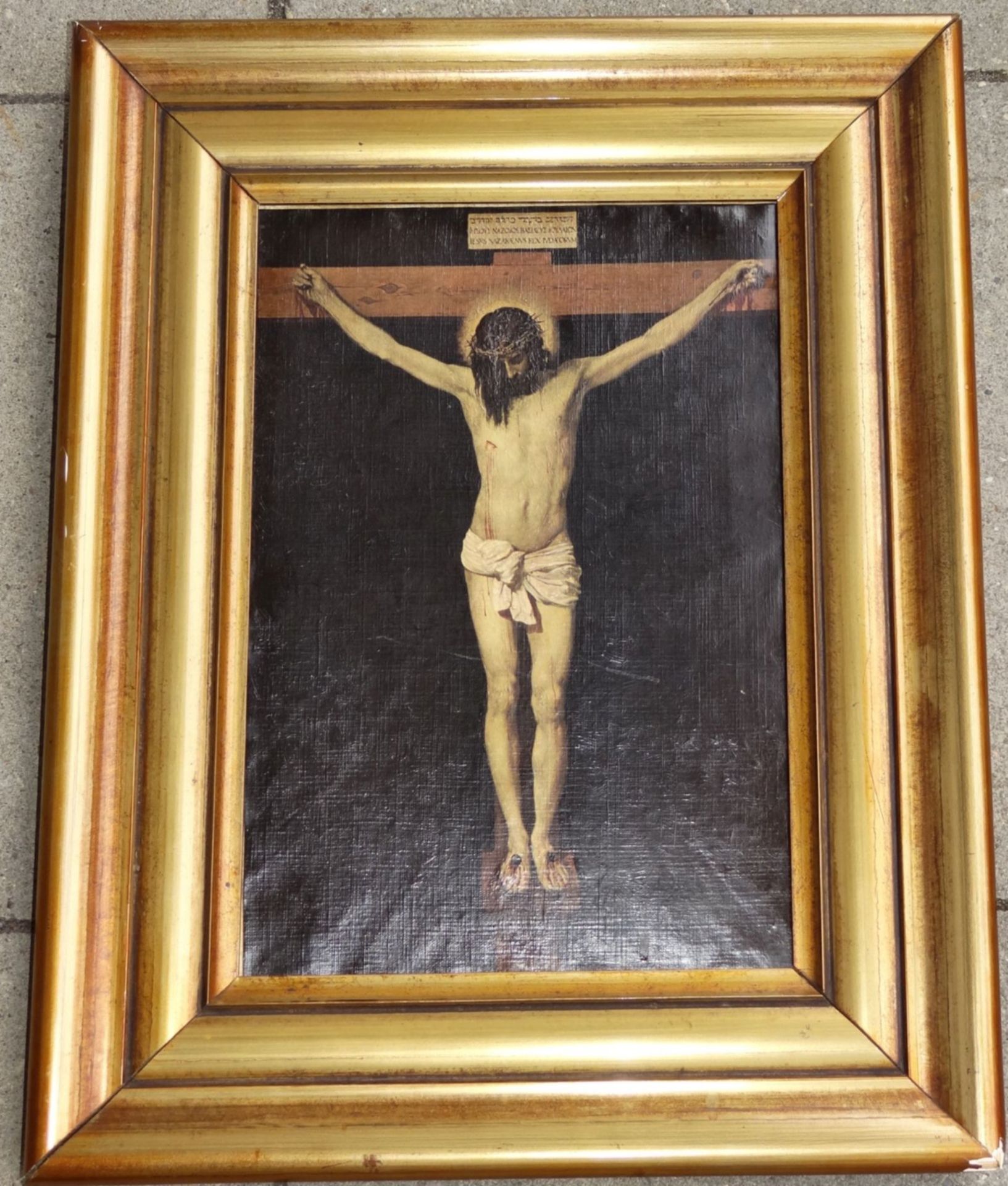 alter Öldruck auf Leinen "Christus am Kreuz", gerahmt, RG 46x36 c