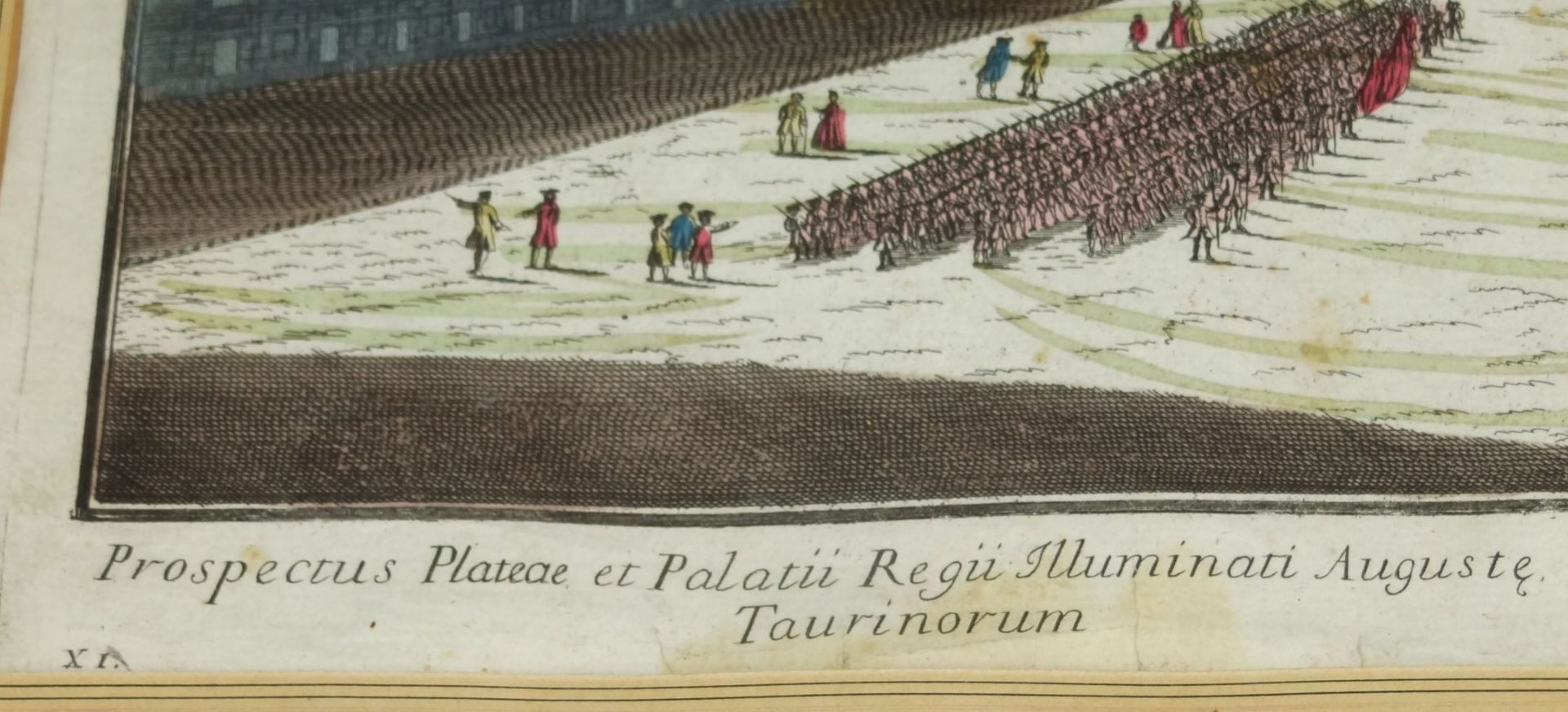 Stich um 1780 "Prospectus plateae.... Taurinorum" Turin, handcoloriert, Blatt mit Läsuren, ger/Glas, - Bild 3 aus 5