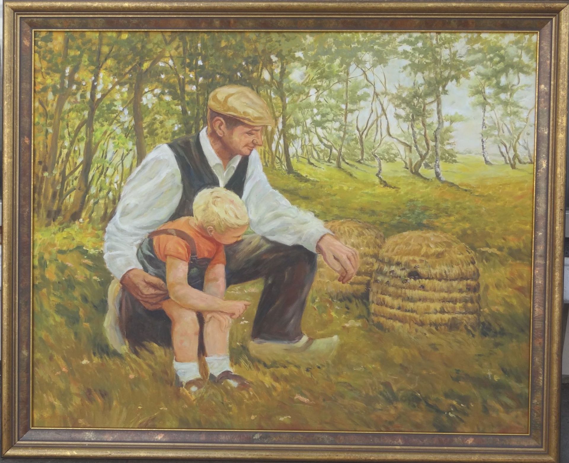 K. Schmidt, 1985 "Vater und Sohn bei Bienenkörben", Öl/Leinen, gerahmt, RG 92x110 cm, kleine - Bild 2 aus 5