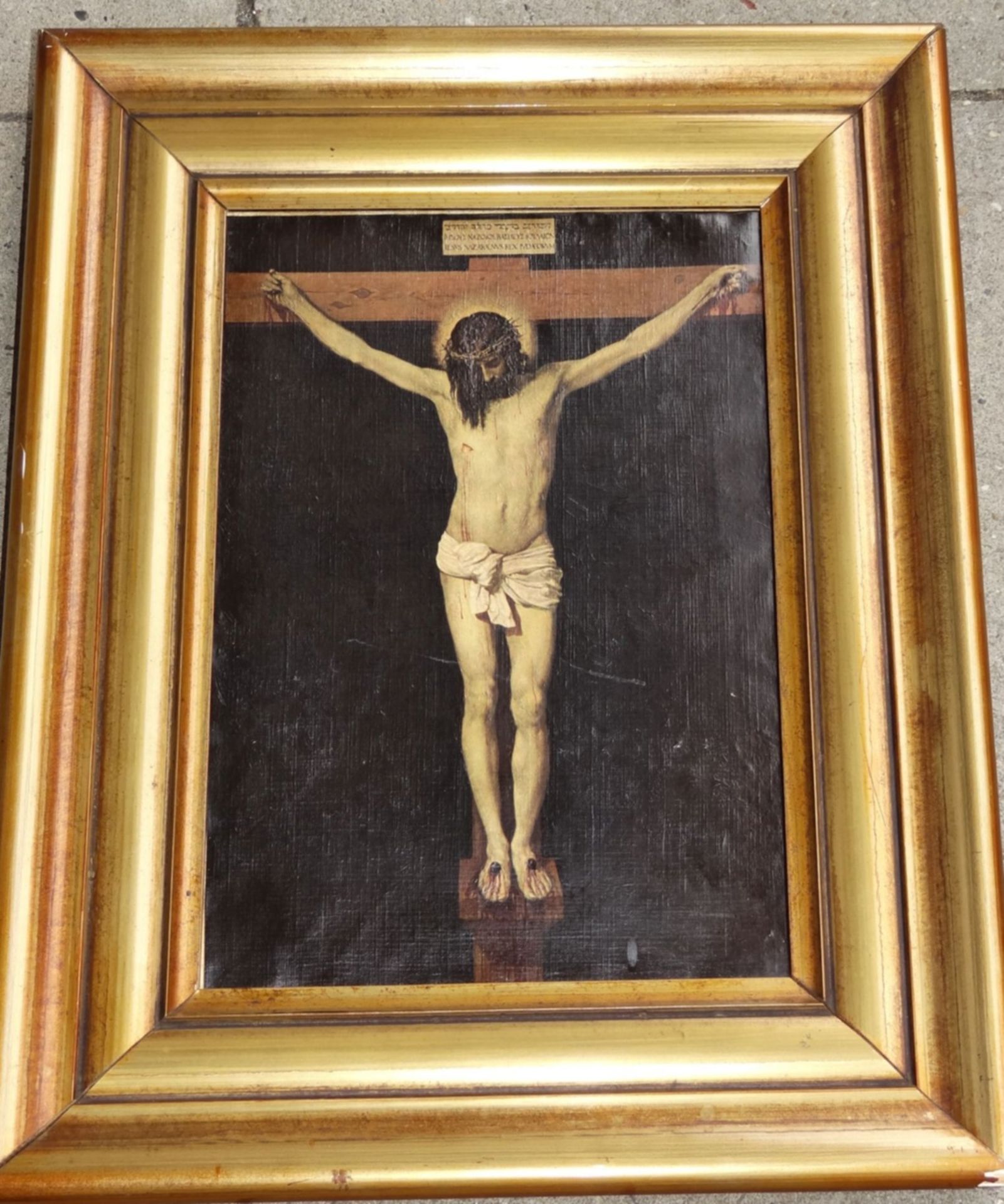 alter Öldruck auf Leinen "Christus am Kreuz", gerahmt, RG 46x36 c - Bild 2 aus 6