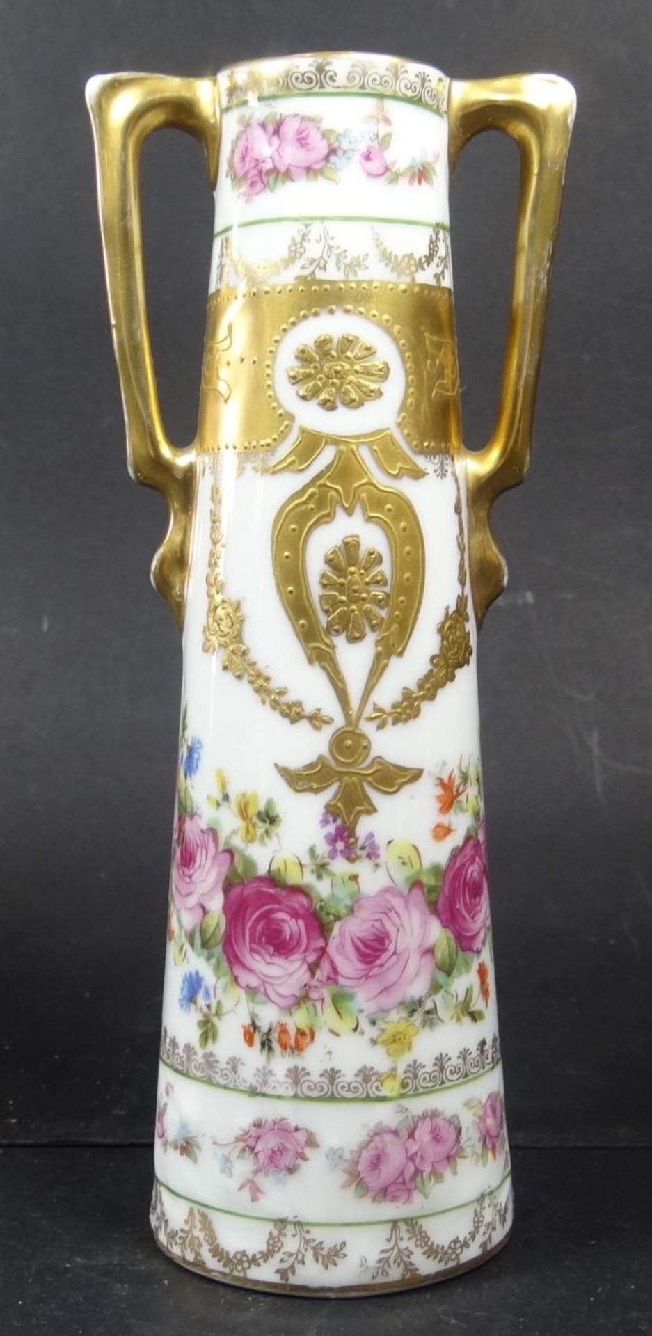 Jugendstil-Henkelvase "Sevres" mit Gold-und Rosendekor, H-16 cm, leicht berieben - Bild 2 aus 6