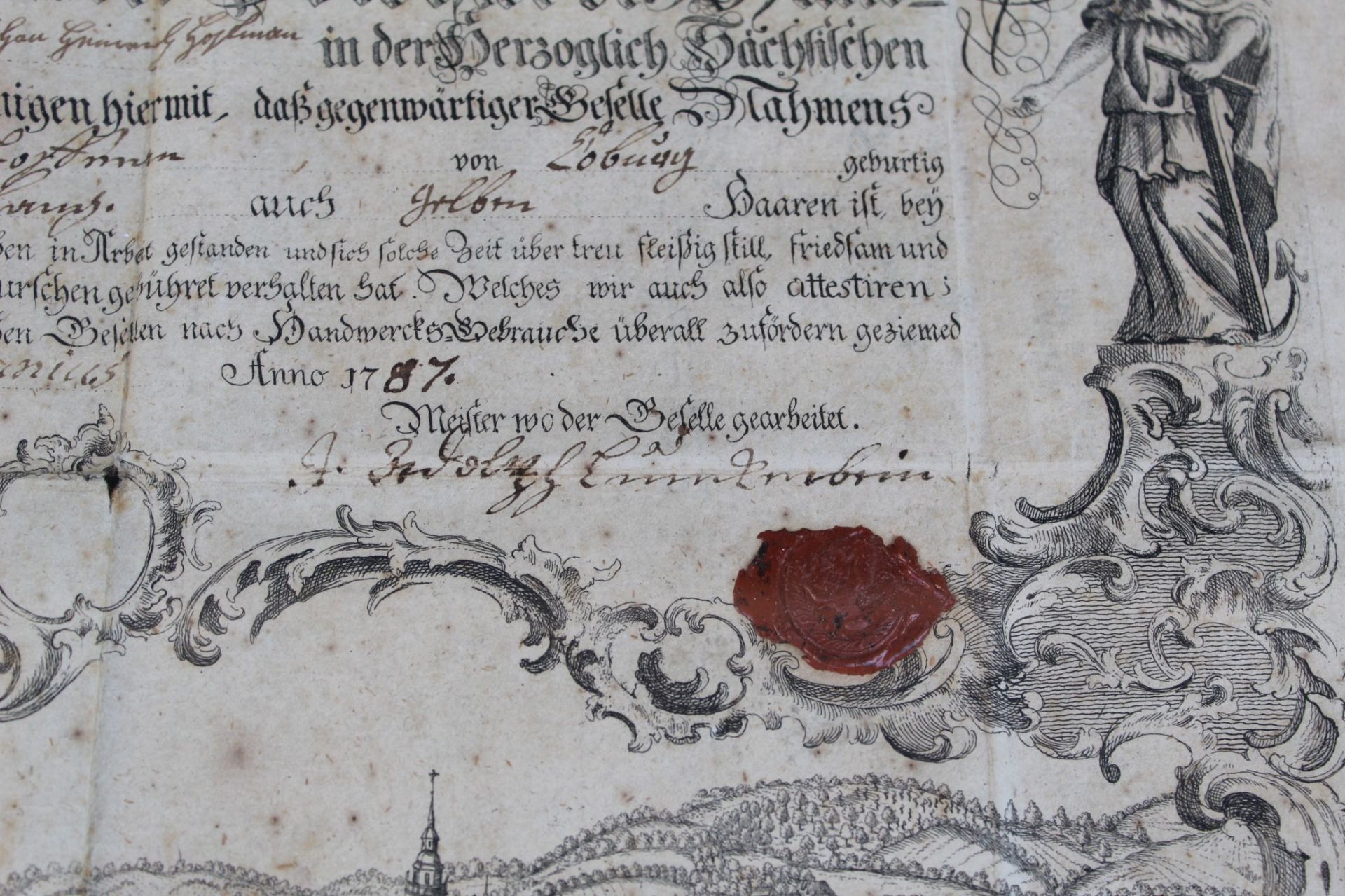 Meisterurkunde eines Metzgers von 1787, Loburg/Sachsen-Anhalt, Blatt mit Läsuren, Wachssiegel, ger/ - Bild 5 aus 5