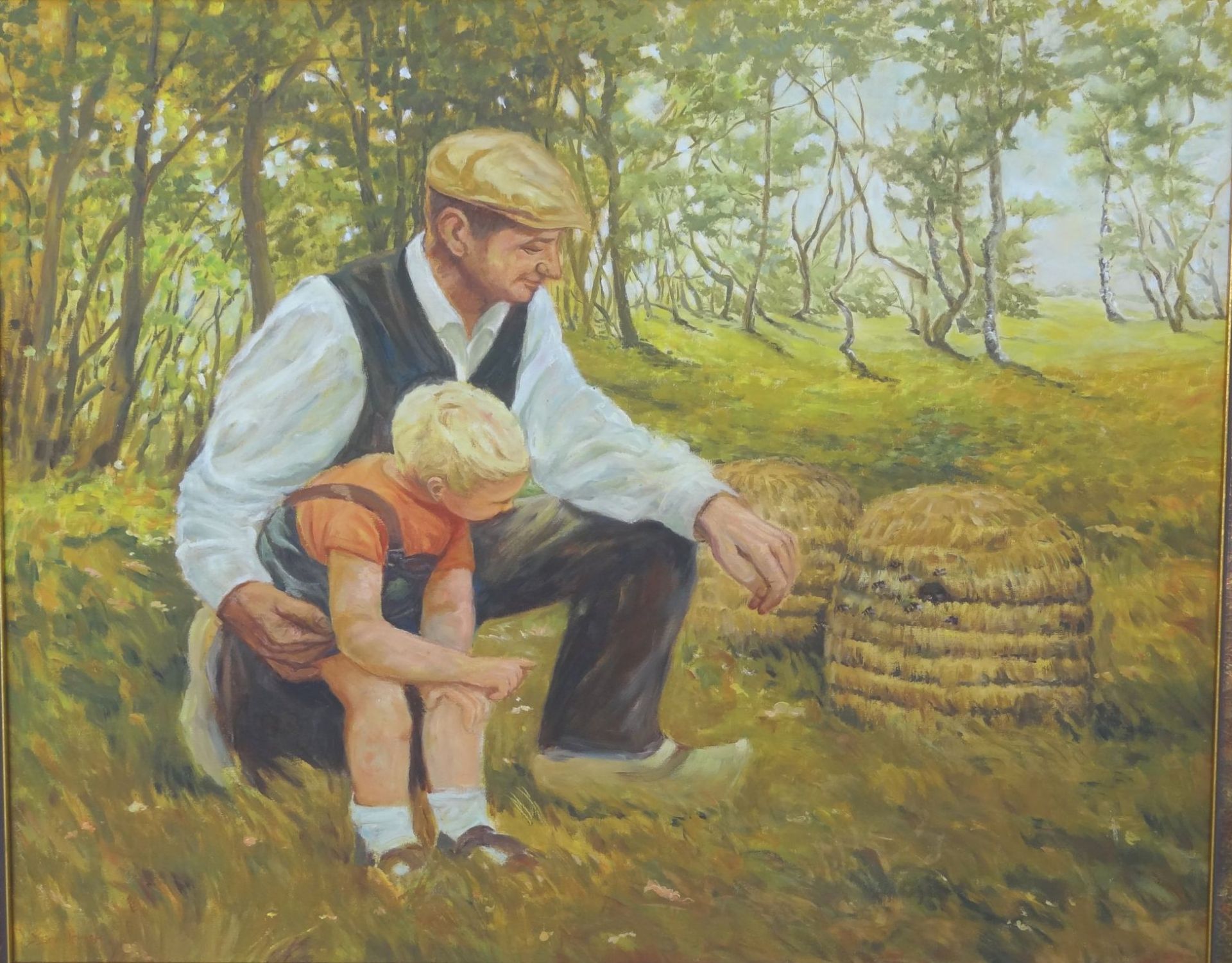 K. Schmidt, 1985 "Vater und Sohn bei Bienenkörben", Öl/Leinen, gerahmt, RG 92x110 cm, kleine