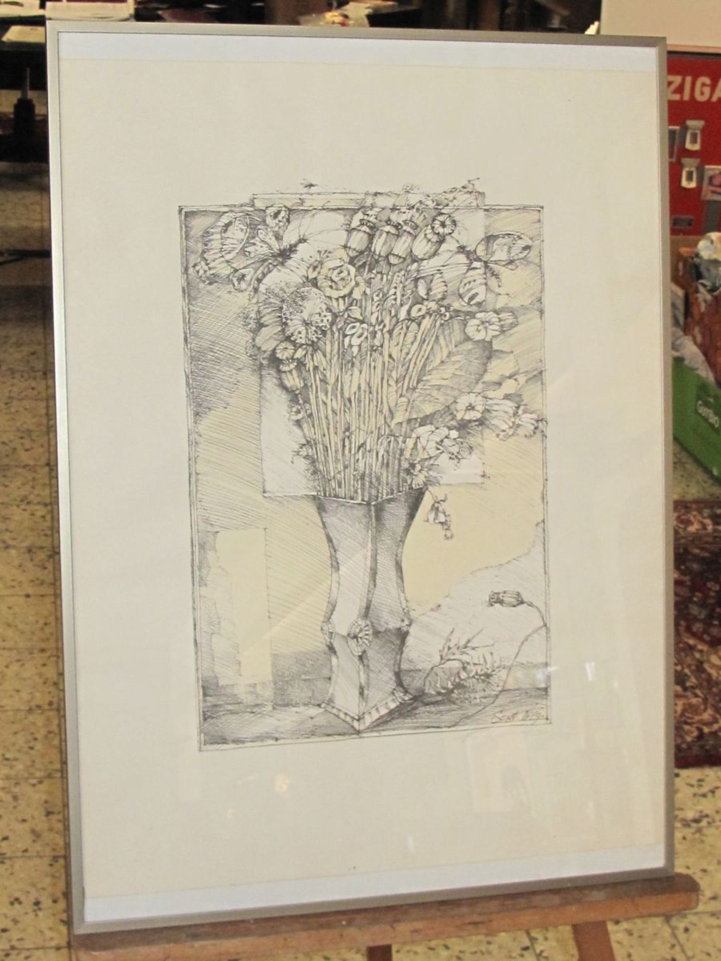 unleserl.signierte Litho "Blumen in Vase", gerahmt/Glas, RG 72 x 51cm - Bild 3 aus 3