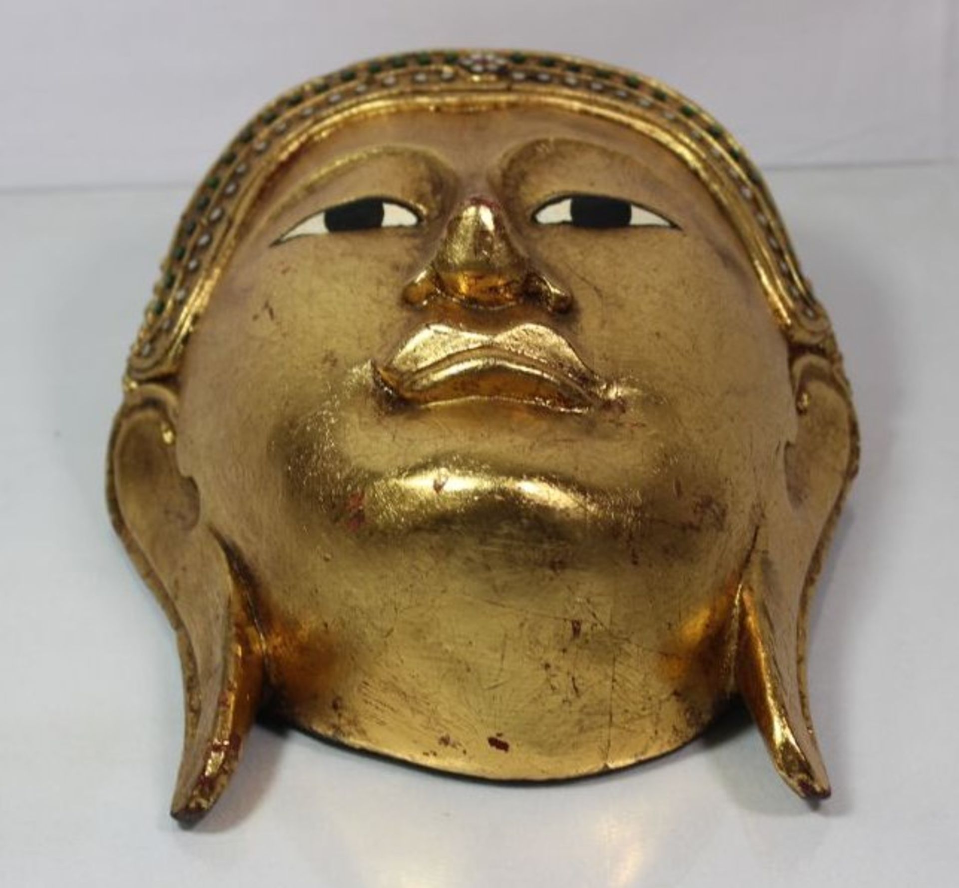Buddha-Wandkopf, Holz, farbig gefasst, H-34cm B-22cm. - Bild 3 aus 4