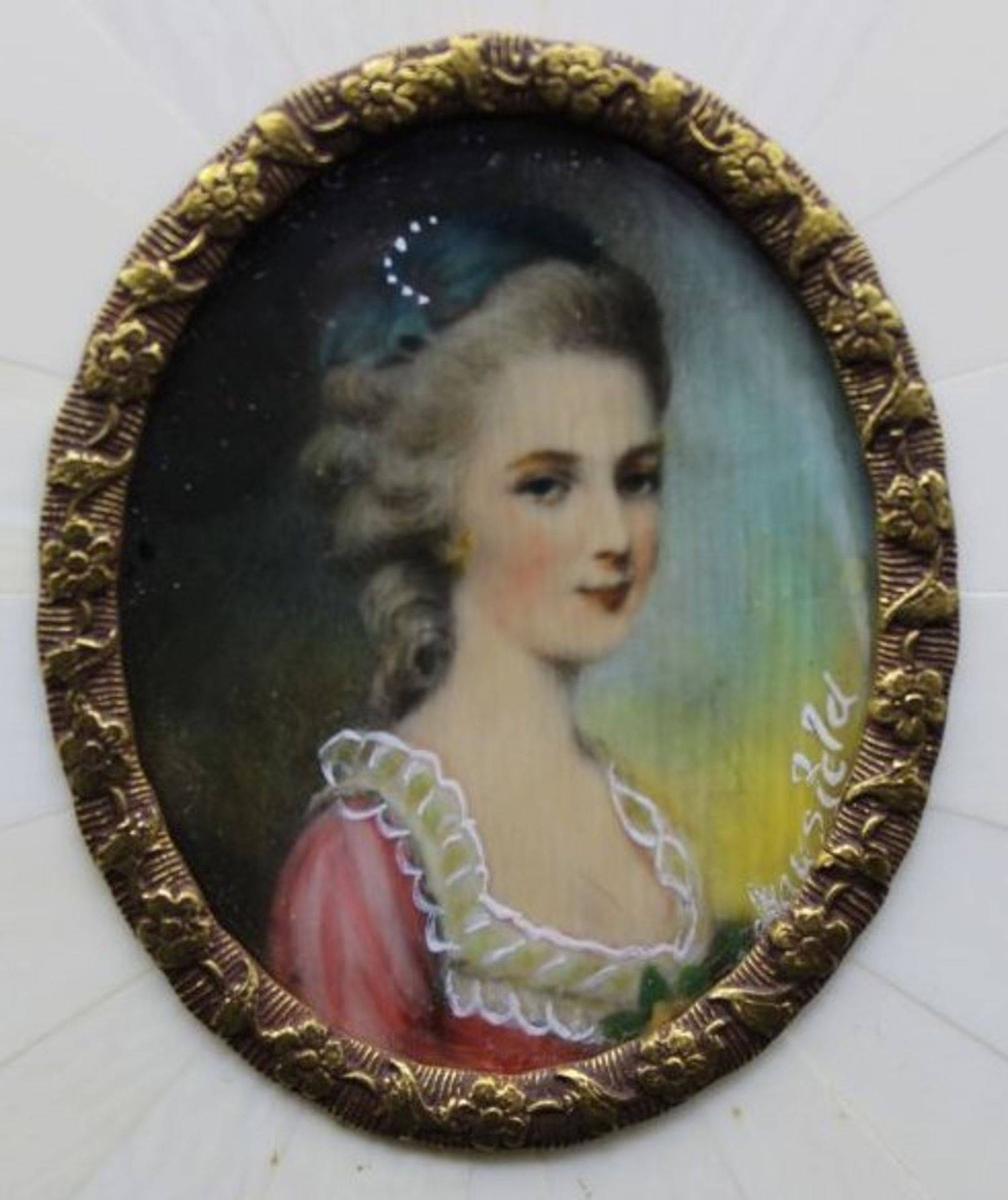 2x Miniatur-Malerei auf Elfenbein, Mozarts Braut, gerahmt, signiert, RG 14 x 12,5cm und 10,5 x 8, - Bild 3 aus 5