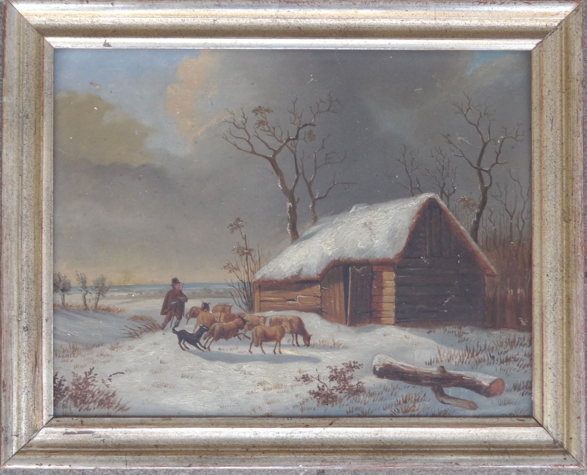 PB, 1849 "Schafherde vor Scheune im Winter", Öl/Holz, 21x27 cm, gerahmt, 27x33 c - Bild 2 aus 5