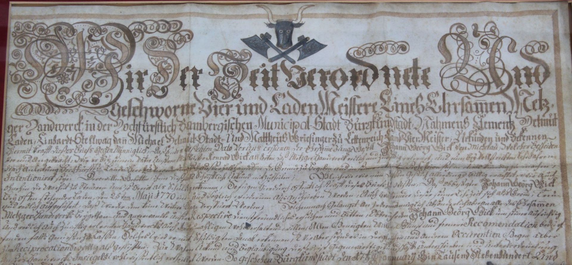 gerahmter Meisterbrief der Metzger von 1784, Burgkunstadt/Obermain, ger/Glas, RG 46x74 cm - Bild 2 aus 3