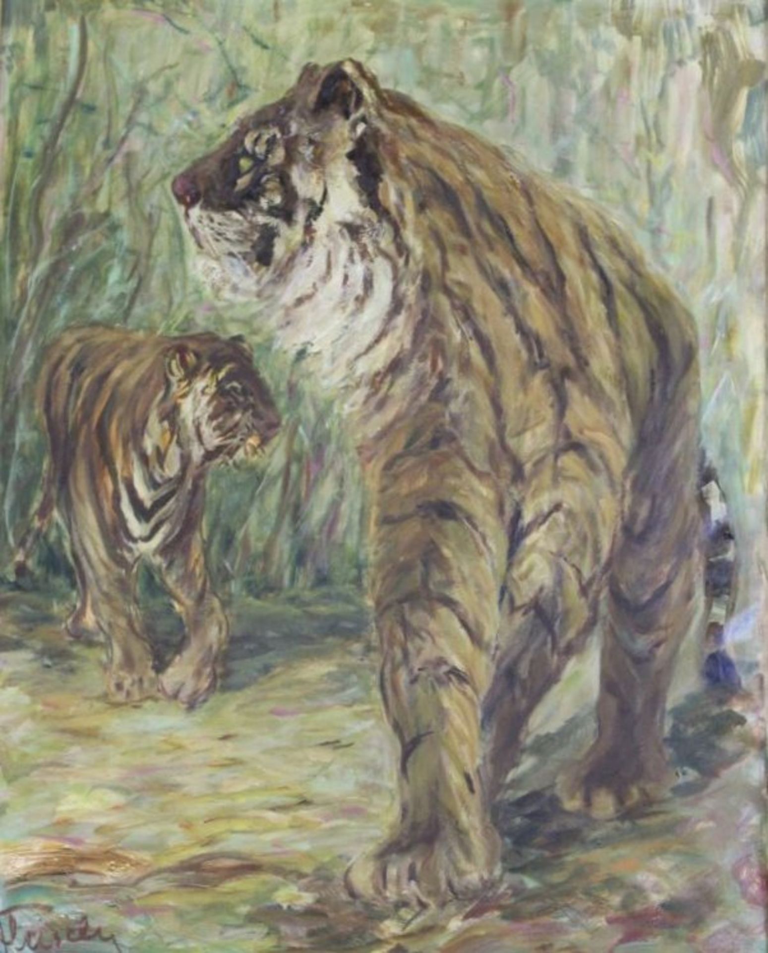 Fleischer, Tiger im Wald, Öl/Leinwand, gerahmt, RG 93 x 78cm.