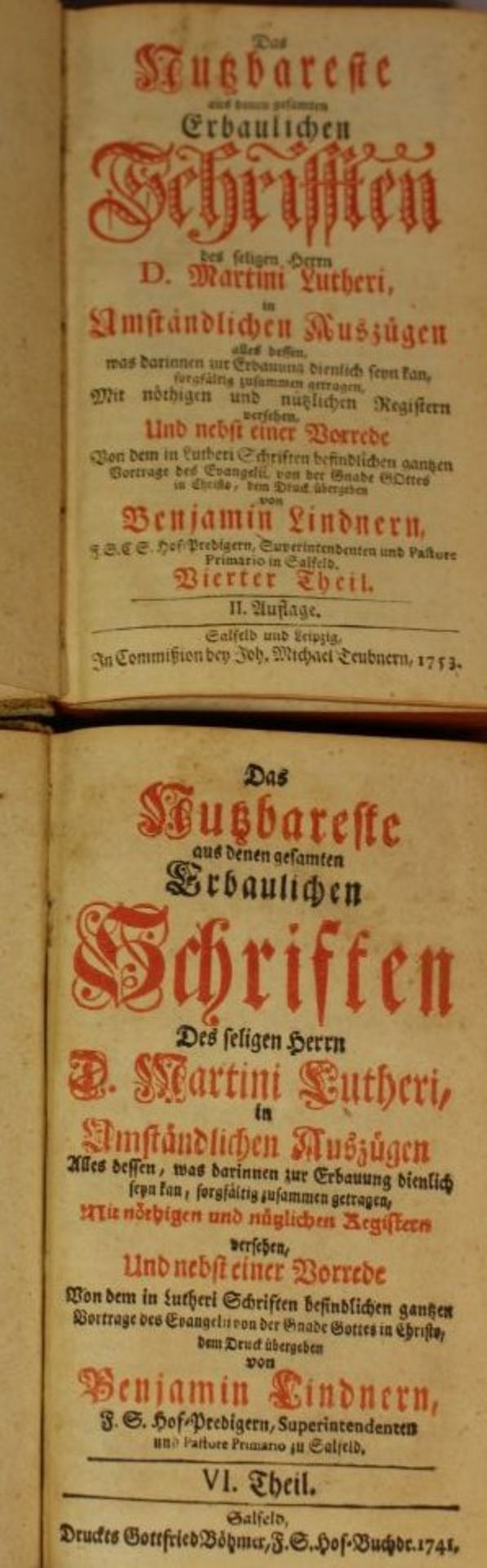 8 Bände, Luther's Schriften, 2. Auflage, 1754, Alters-u. Gebrauchsspuren. - Bild 3 aus 3