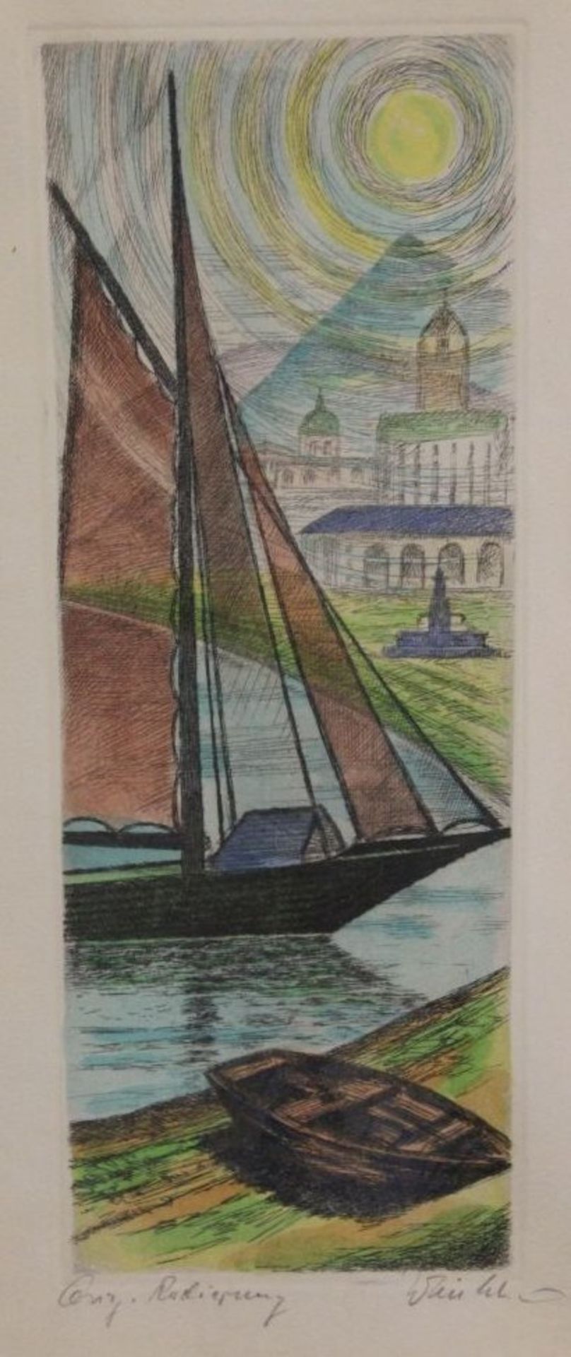 unleserl. signierte Farbradierung, Segelboot vor Stadt, ger./Glas, RG 41 x 21cm.