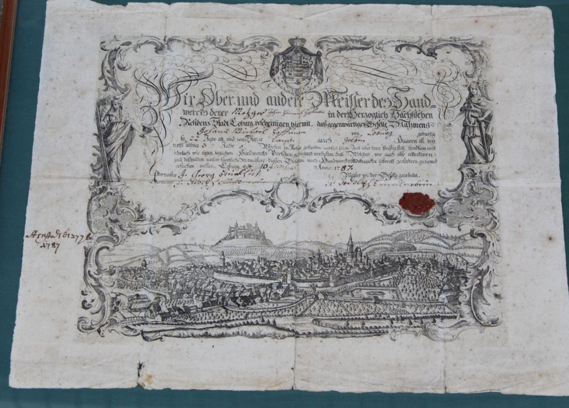 Meisterurkunde eines Metzgers von 1787, Loburg/Sachsen-Anhalt, Blatt mit Läsuren, Wachssiegel, ger/ - Bild 2 aus 5