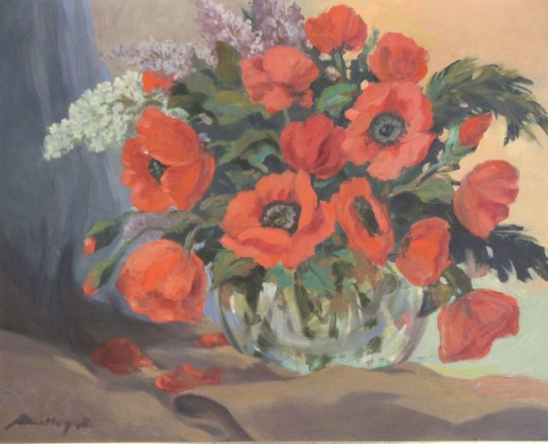 Prof. A. Müller, Blumen in Vase, Öl/Hartfaser, gerahmt, Rahmen beschädigt, RG 54 x 66c