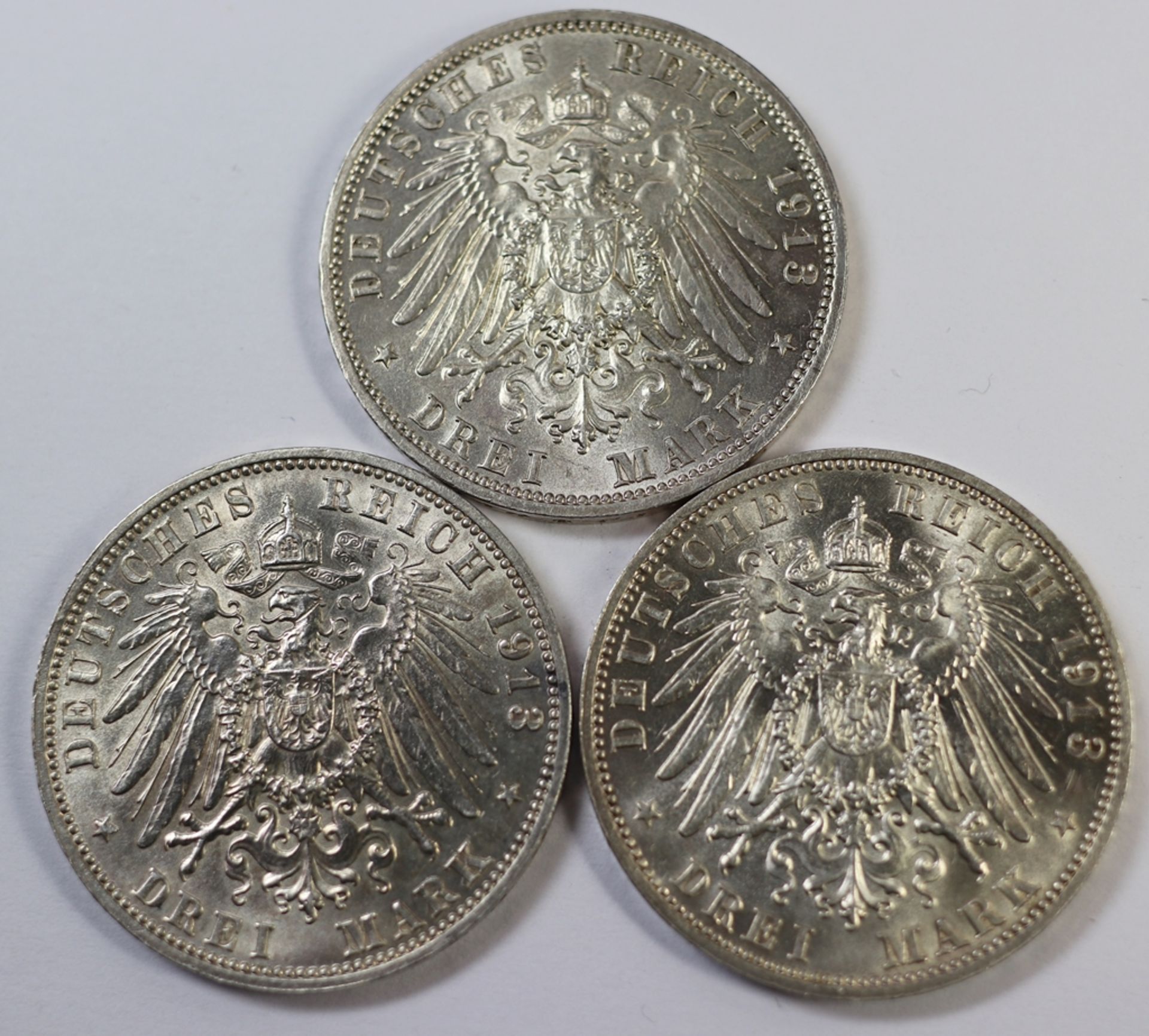 3x 3 Mark, Deutsches Reich, 18. Oktober 1913 E, ss+ - vz., zus. 49,88 gr. - Bild 2 aus 2