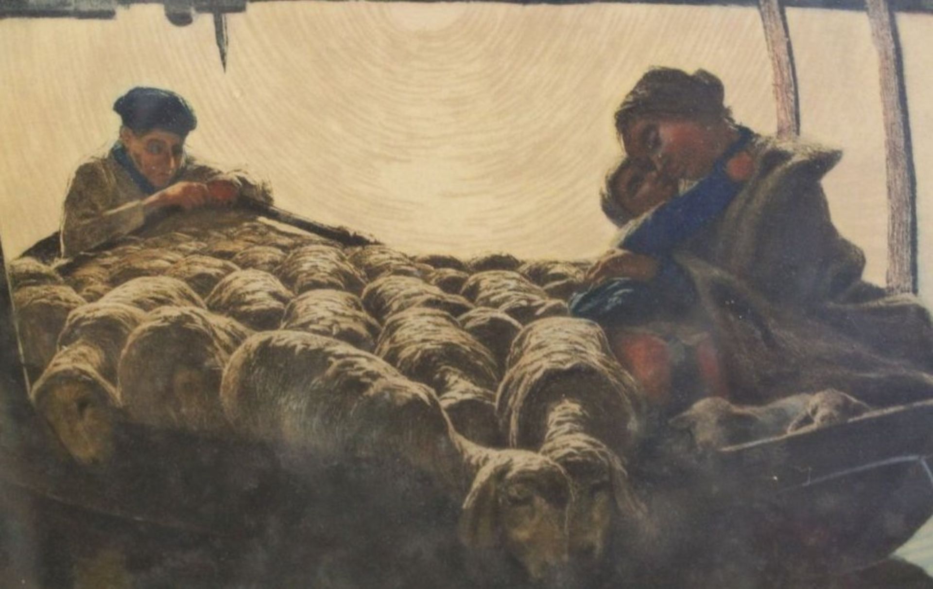 Schäfer mit Frau und Kind sowie Herde bei Flussfahrt, wohl alte Lithographie, unsigniert, gerahmt/ - Bild 2 aus 3