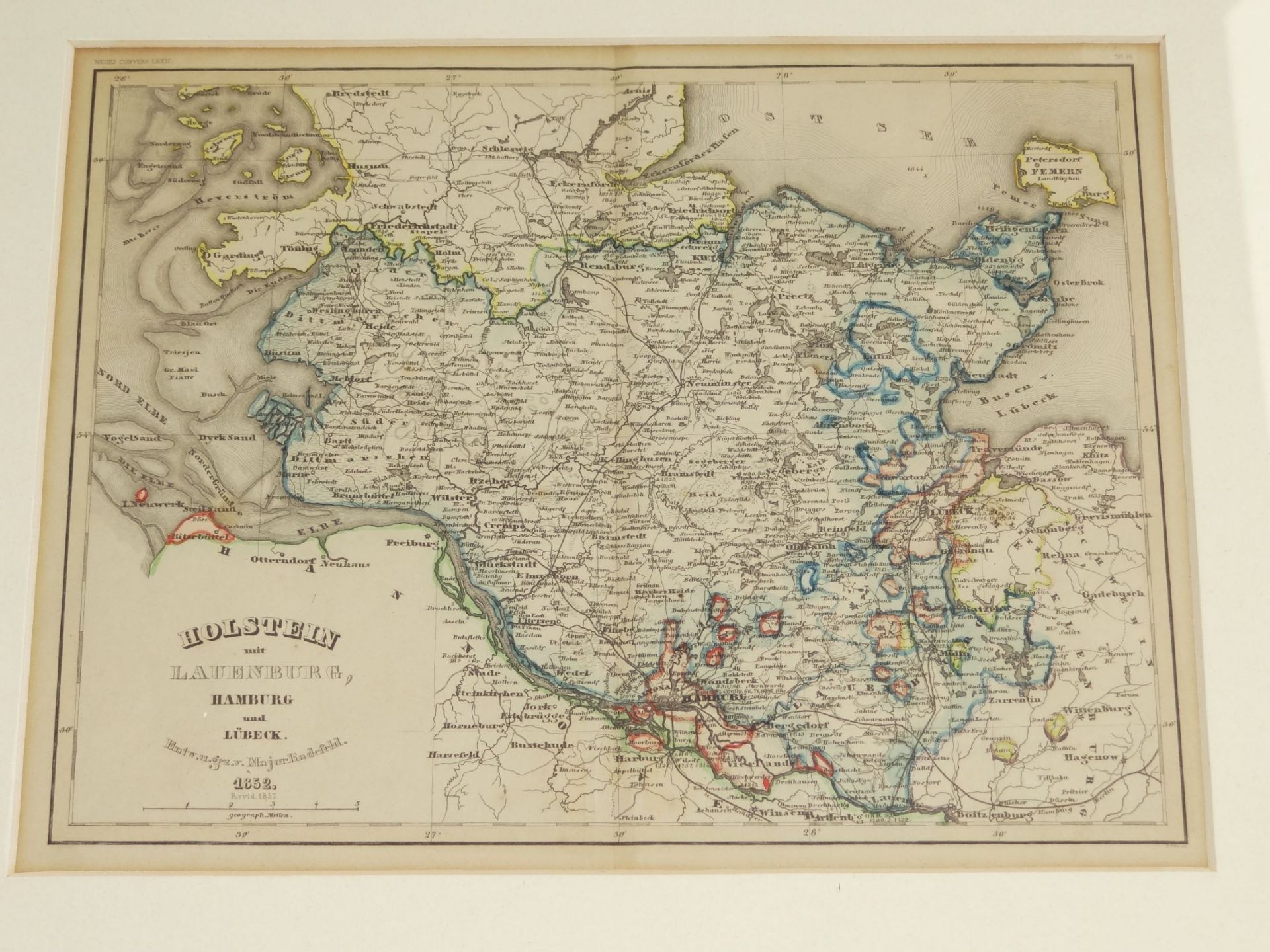 kl. Landkarte um 1860 "Schleswig und Lauenburg" grenzcoloriert, ger/Glas, RG 32x37 cm