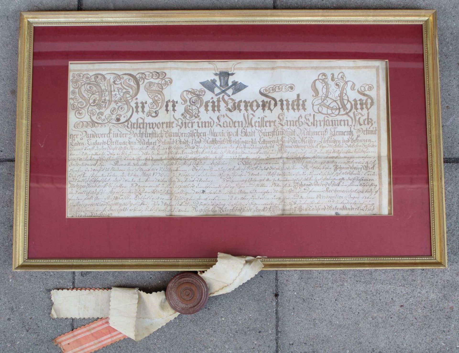 gerahmter Meisterbrief der Metzger von 1784, Burgkunstadt/Obermain, ger/Glas, RG 46x74 cm