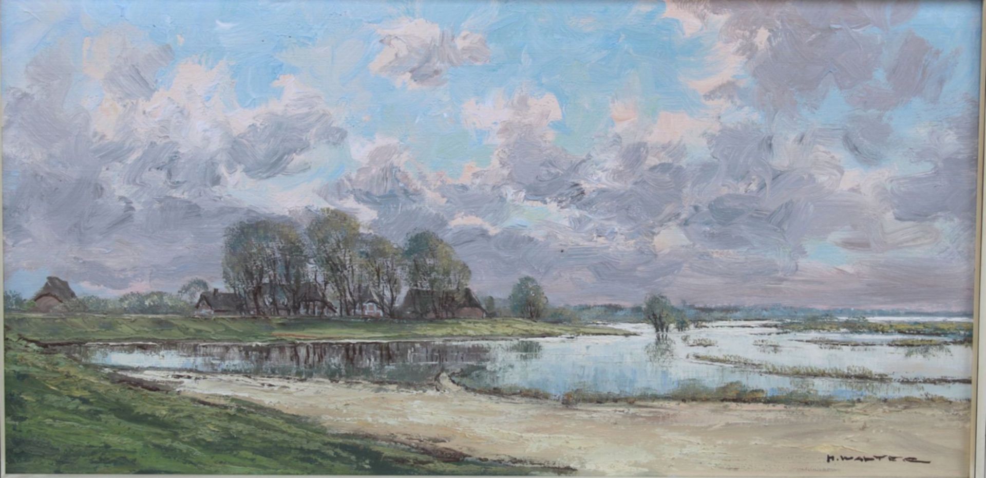 H.Walter "An der Elbe bei Neuengamme" verso betitelt, Öl/Leinen, gerahmt, RG 57x98 c